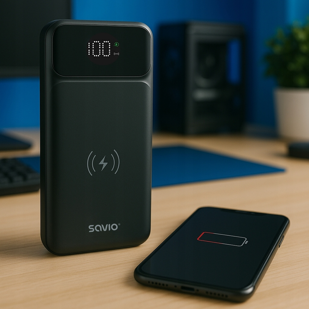 Czarny power bank z wyświetlaczem 100% naładowania obok telefonu z niskim poziomem baterii.