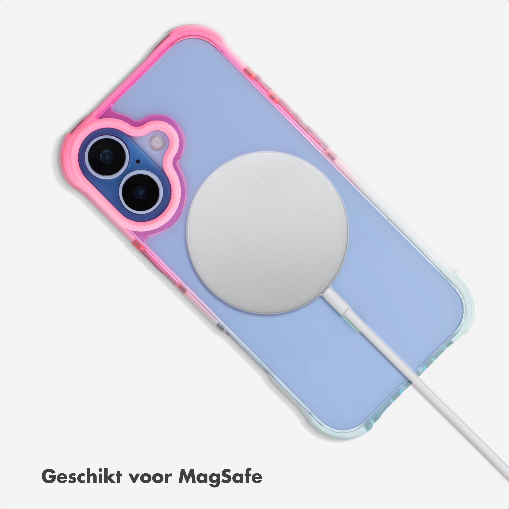 Ein Smartphone mit einer MagSafe-Ladestation und einer bunten Hülle.