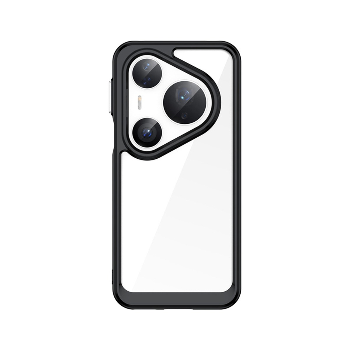 Een zwarte telefoonhoes met een doorzichtige achterkant en drie cameralenzen.