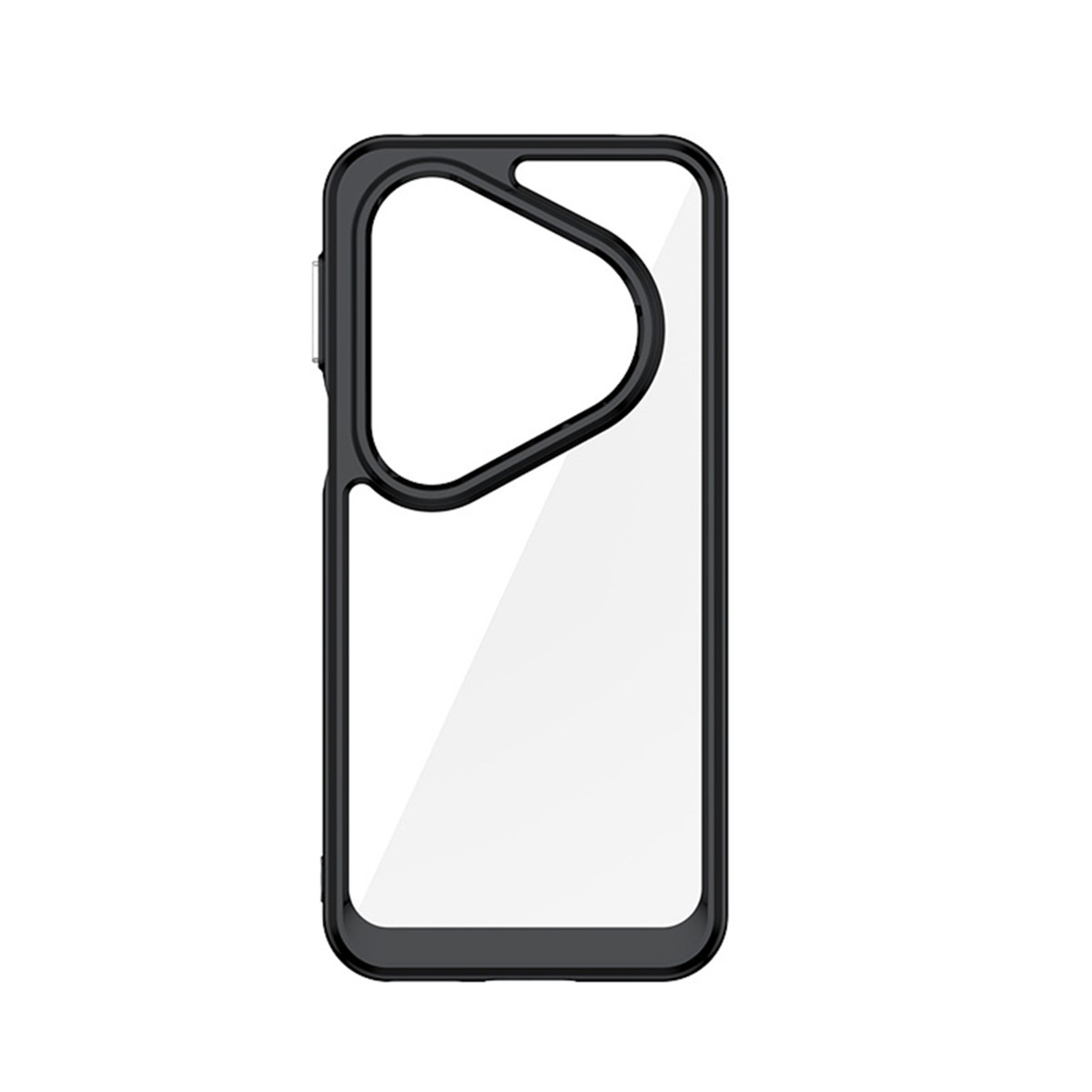 Een doorzichtige telefoonhoes met zwarte rand en camerauitsparing.