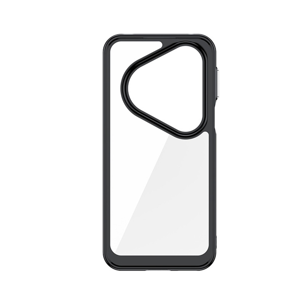 Zwarte telefoonhoes met doorzichtig achterpaneel en camera-uitsparing.