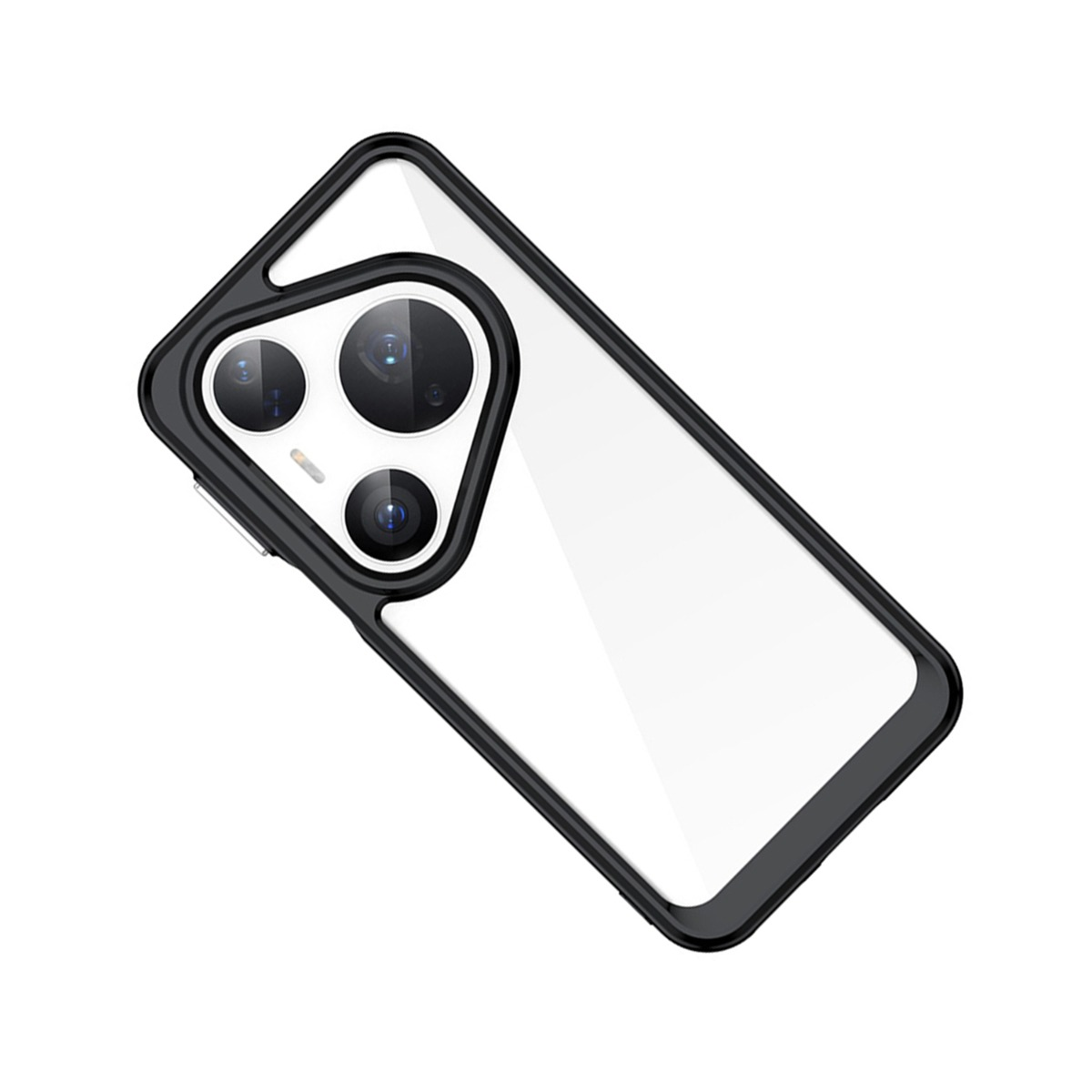 Doorzichtige telefoonhoes met zwart frame en drie cameralenzen.