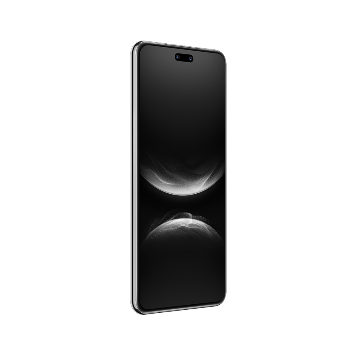 Ein schwarzes Smartphone mit silbernem Rand auf weißem Hintergrund.