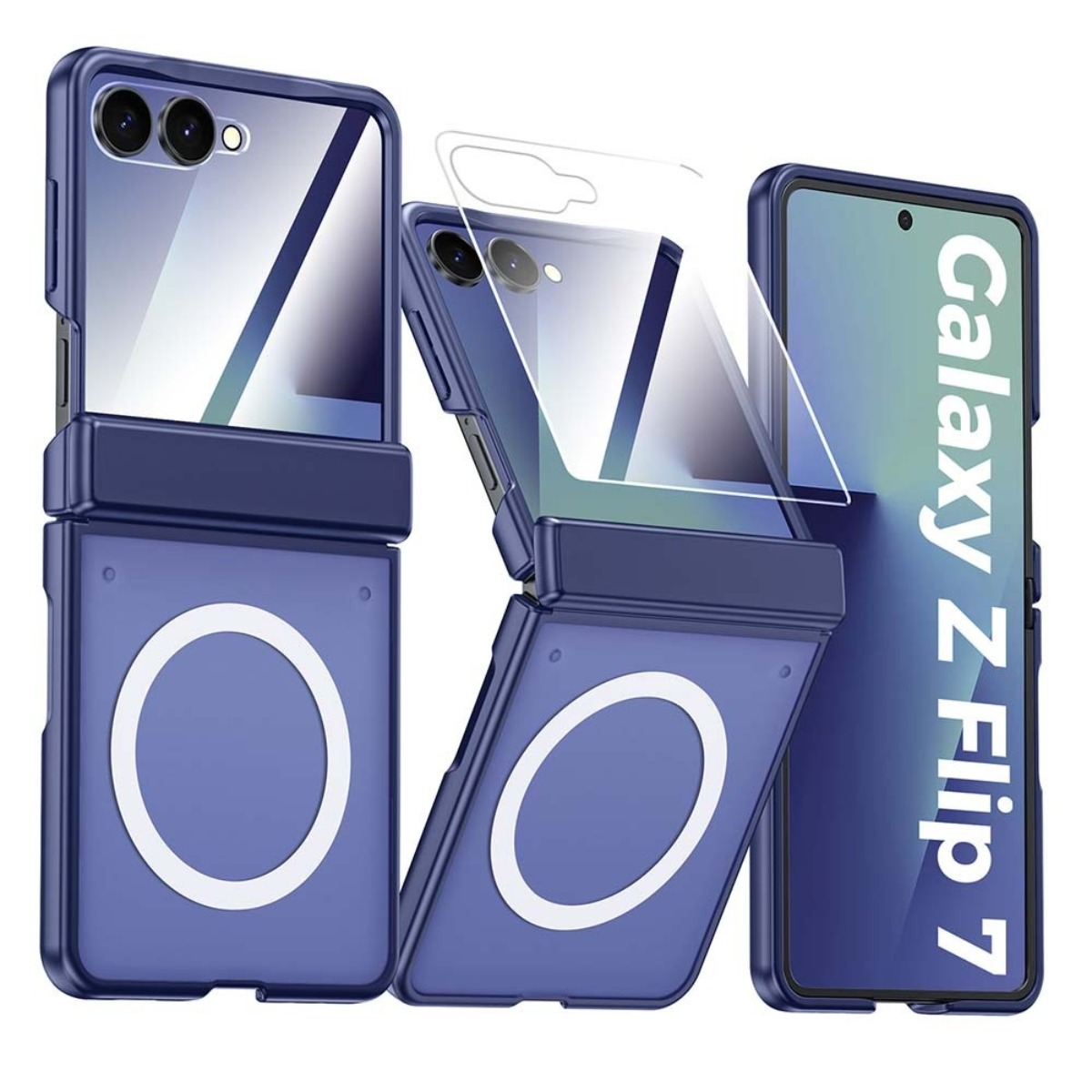 Tre custodie blu per un telefono pieghevole con cerchi bianchi.