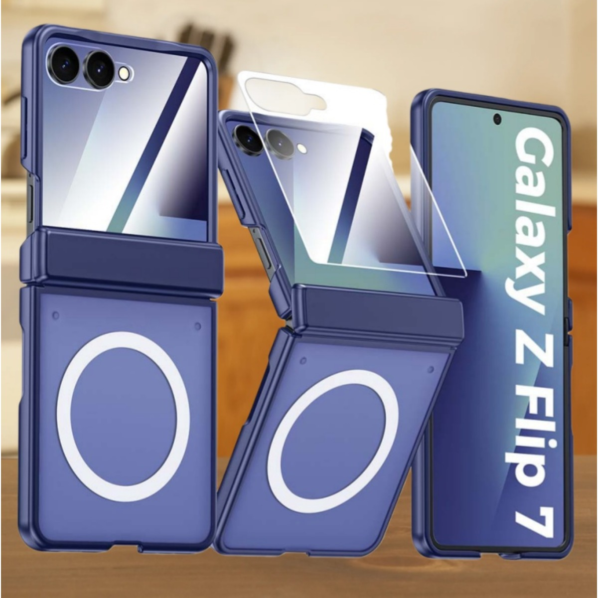 Custodia blu per Samsung Z Flip 7 con copertina trasparente.