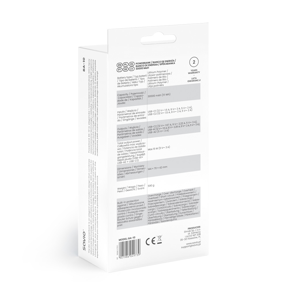 Powerbank Savio BA-10 30000 mAh, porty USB-C, USB-A. Wymiary 144x70x42mm.