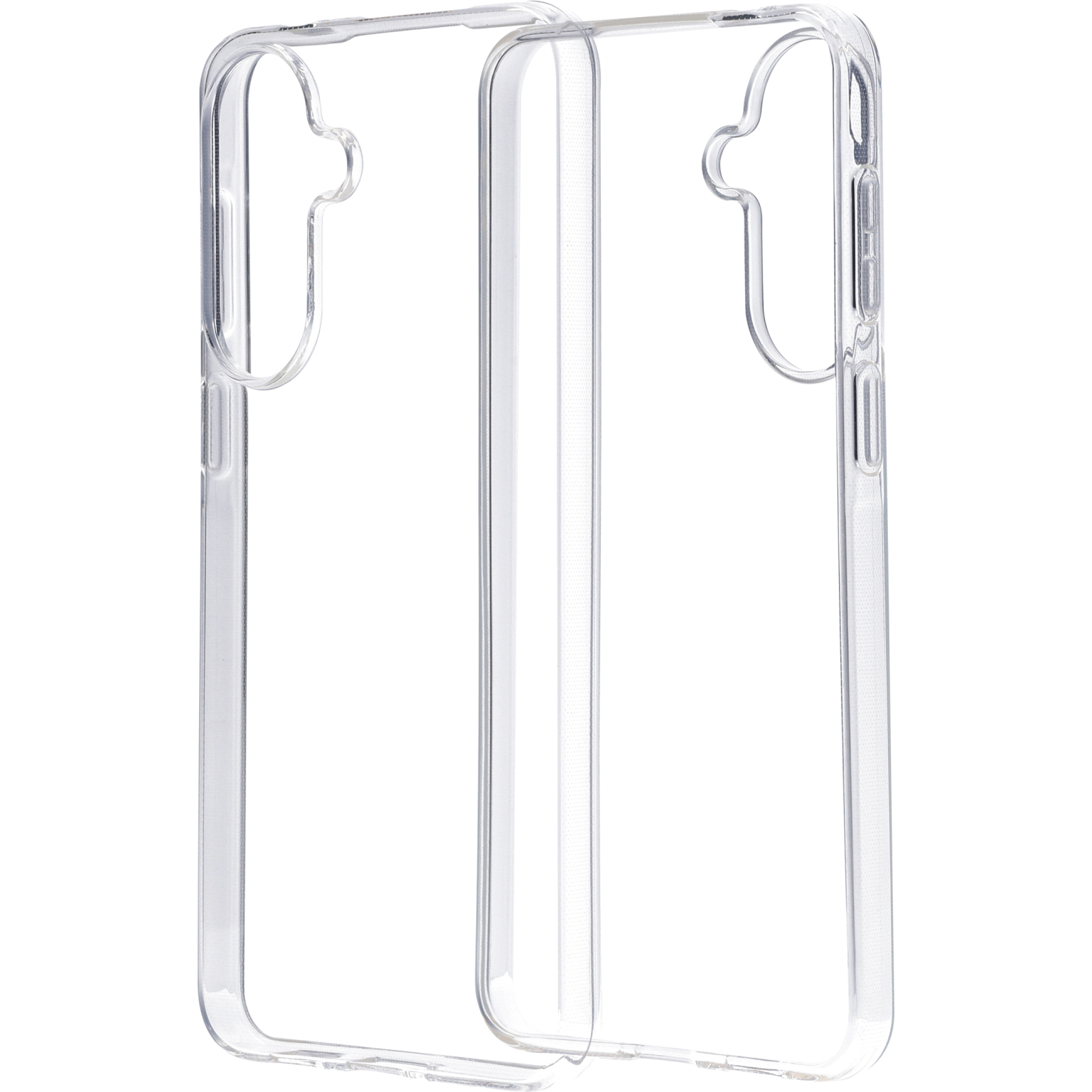 Twee doorzichtige telefoonhoesjes naast elkaar op witte achtergrond.