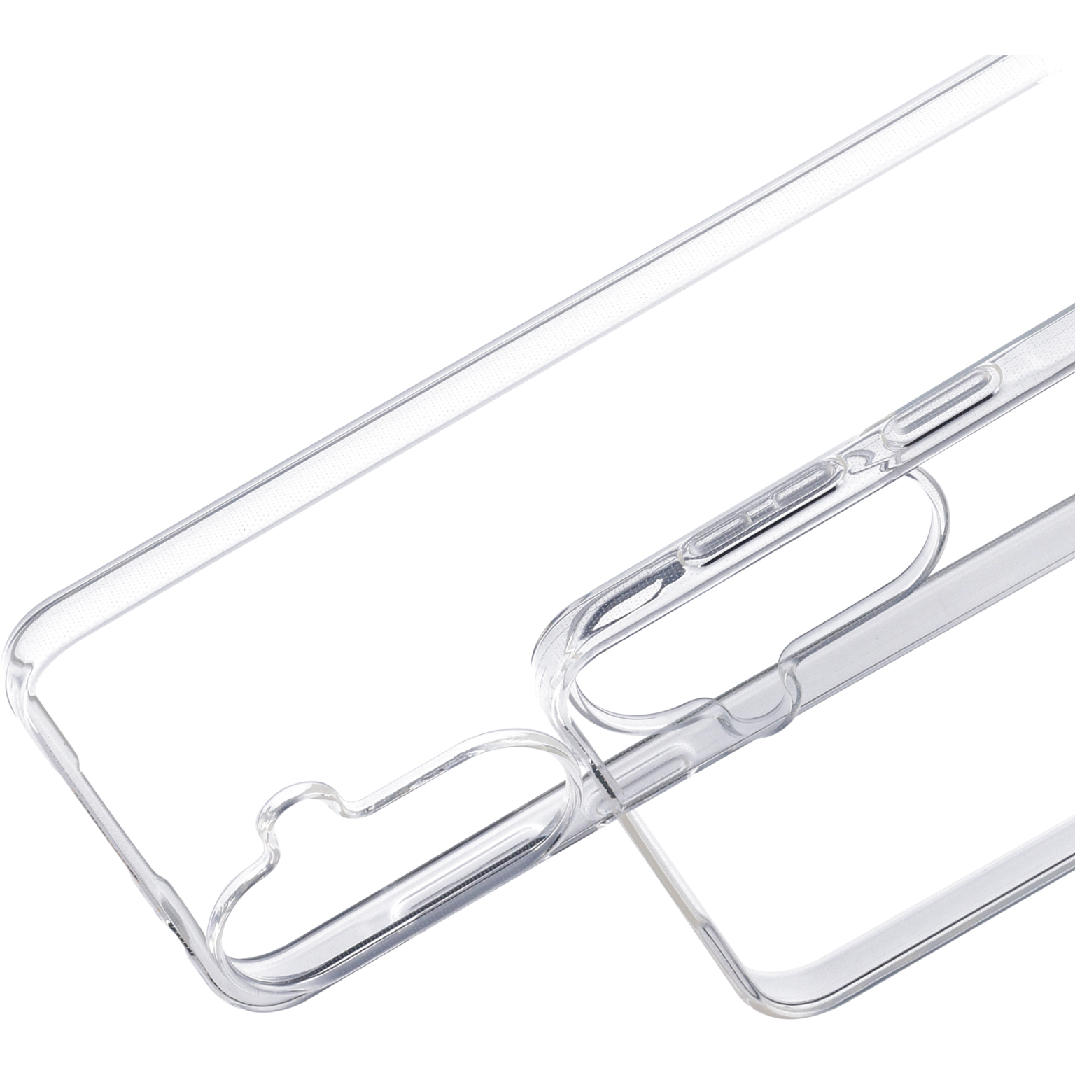 Twee doorzichtige telefoonhoesjes naast elkaar. Details zijn zichtbaar.