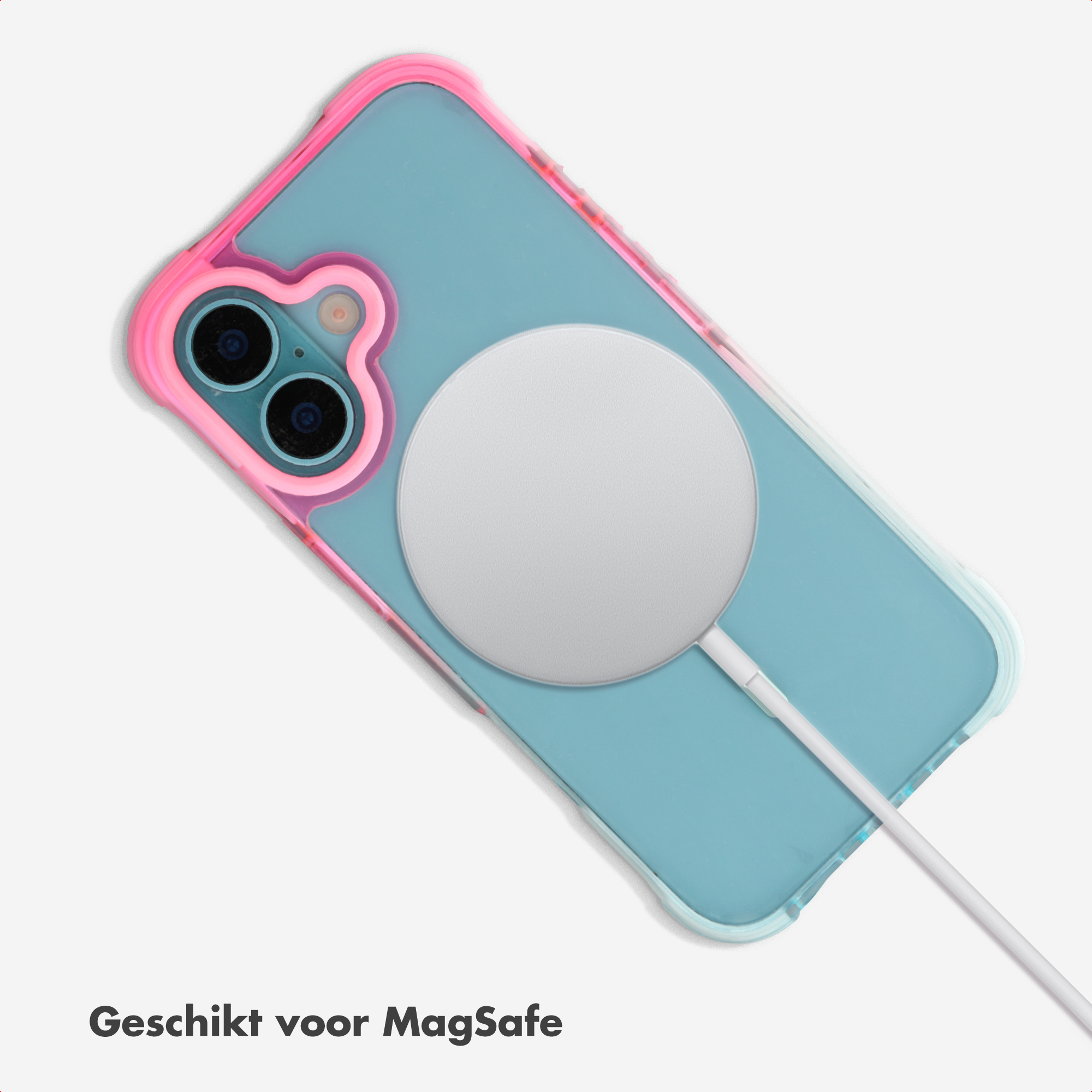 Ein durchsichtiges Handyhülle mit pinkem Rand und MagSafe-Ladegerät.