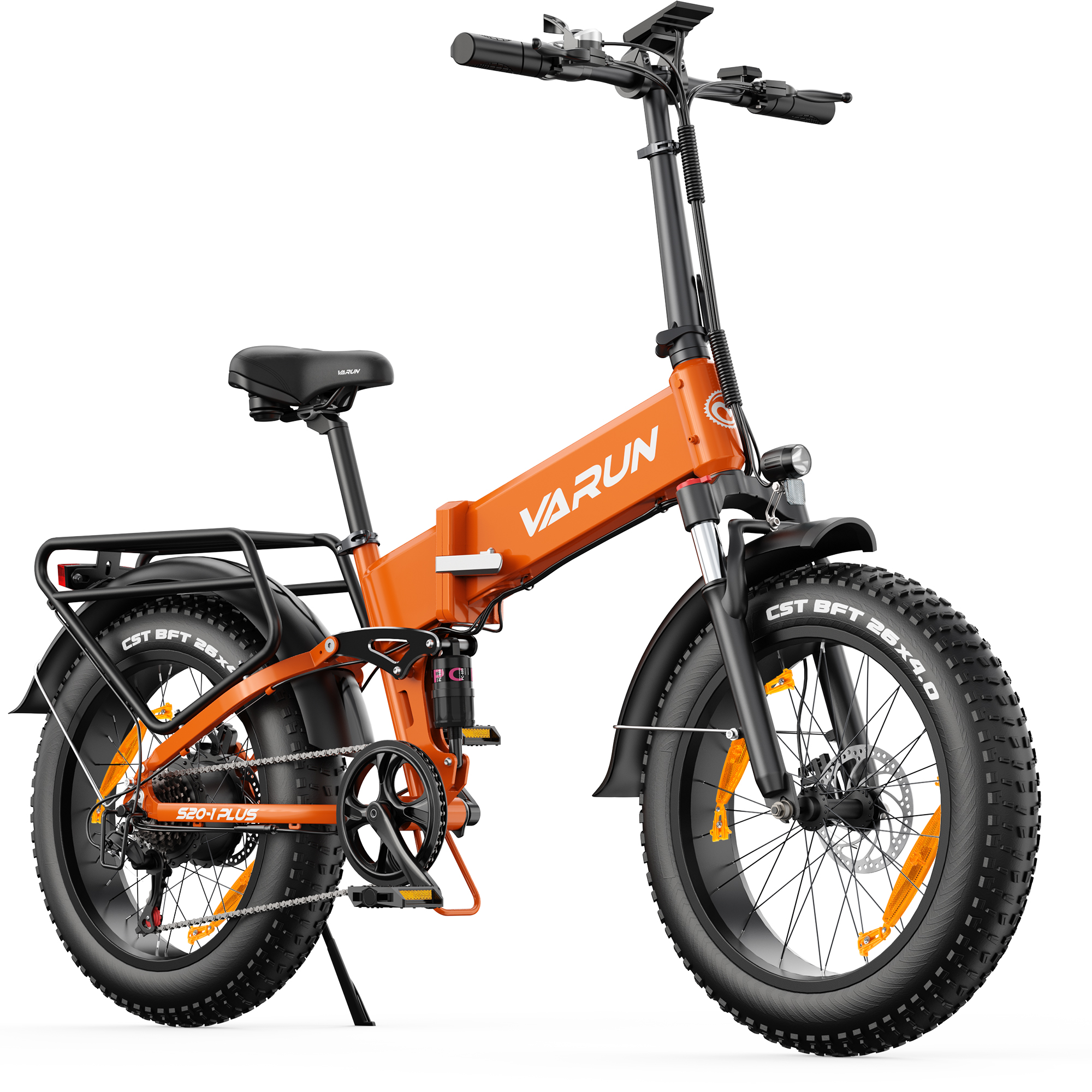 Ein oranges faltbares E-Bike mit fetten Reifen und Gepäckträger.