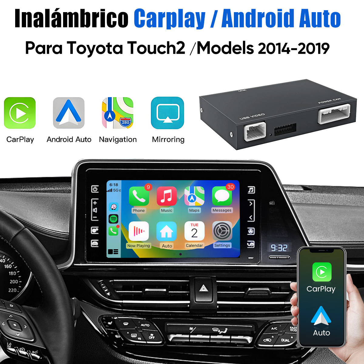 Interior de coche mostrando pantalla de infoentretenimiento con CarPlay/Android Auto, iconos y dispositivo.