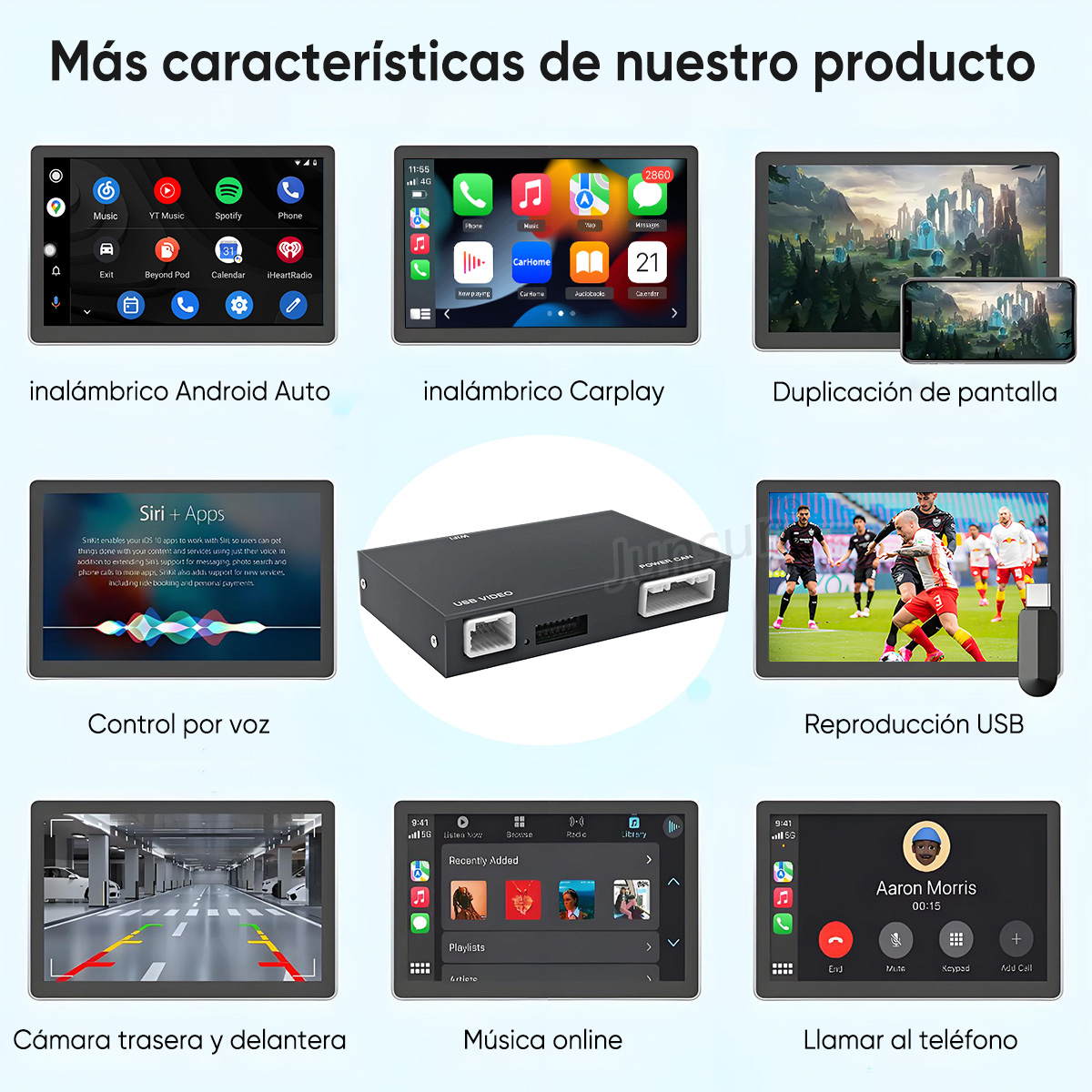 Descripción general del producto: Android Auto, Carplay, duplicación de pantalla, control por voz, reproducción USB, cámaras, música y llamadas.