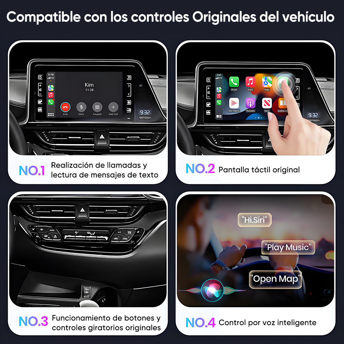 Cuatro imágenes de infoentretenimiento del coche: llamadas, pantalla táctil, botones y voz.