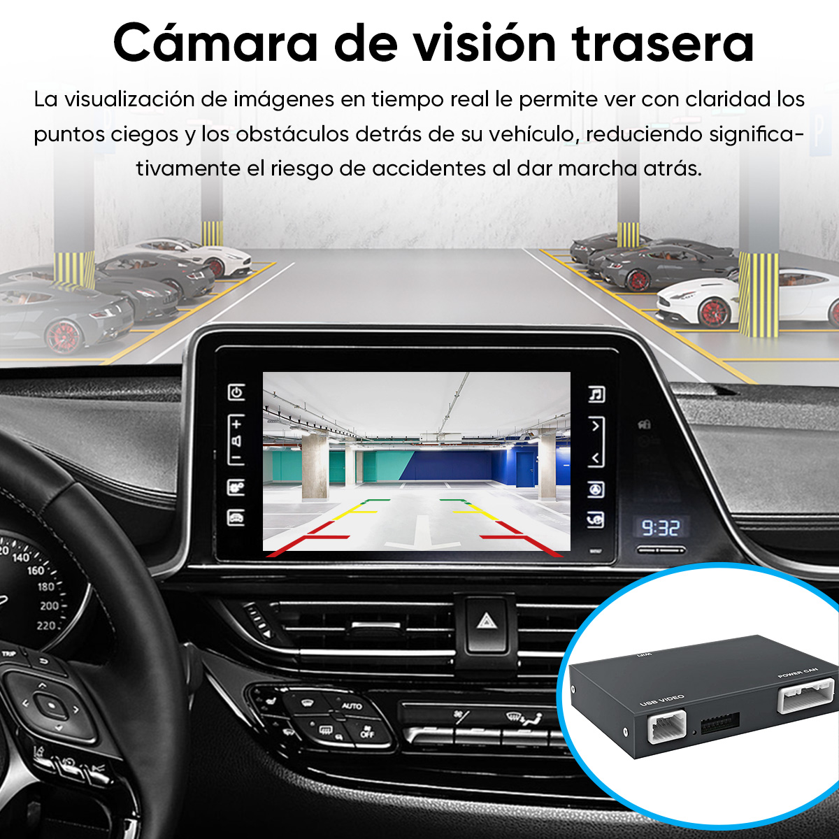 Vista interior de un coche con pantalla de cámara de marcha atrás y caja.