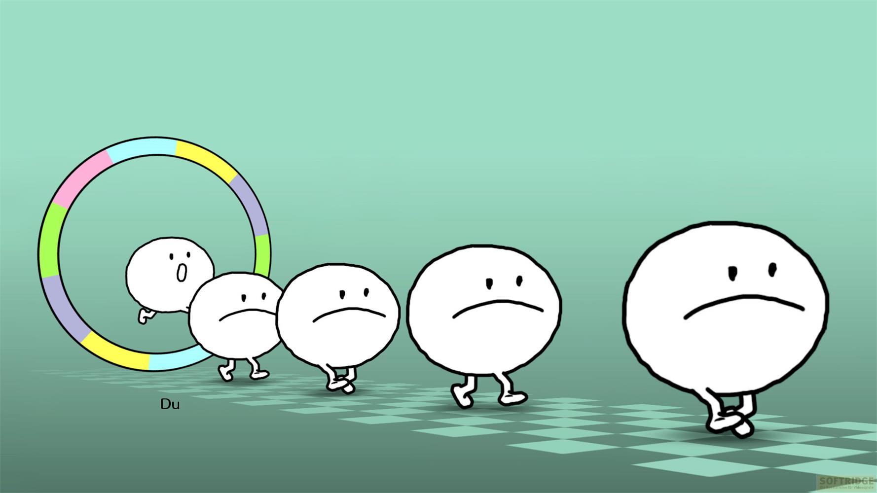 Círculos de dibujos animados con caras caminan sobre un suelo a cuadros.