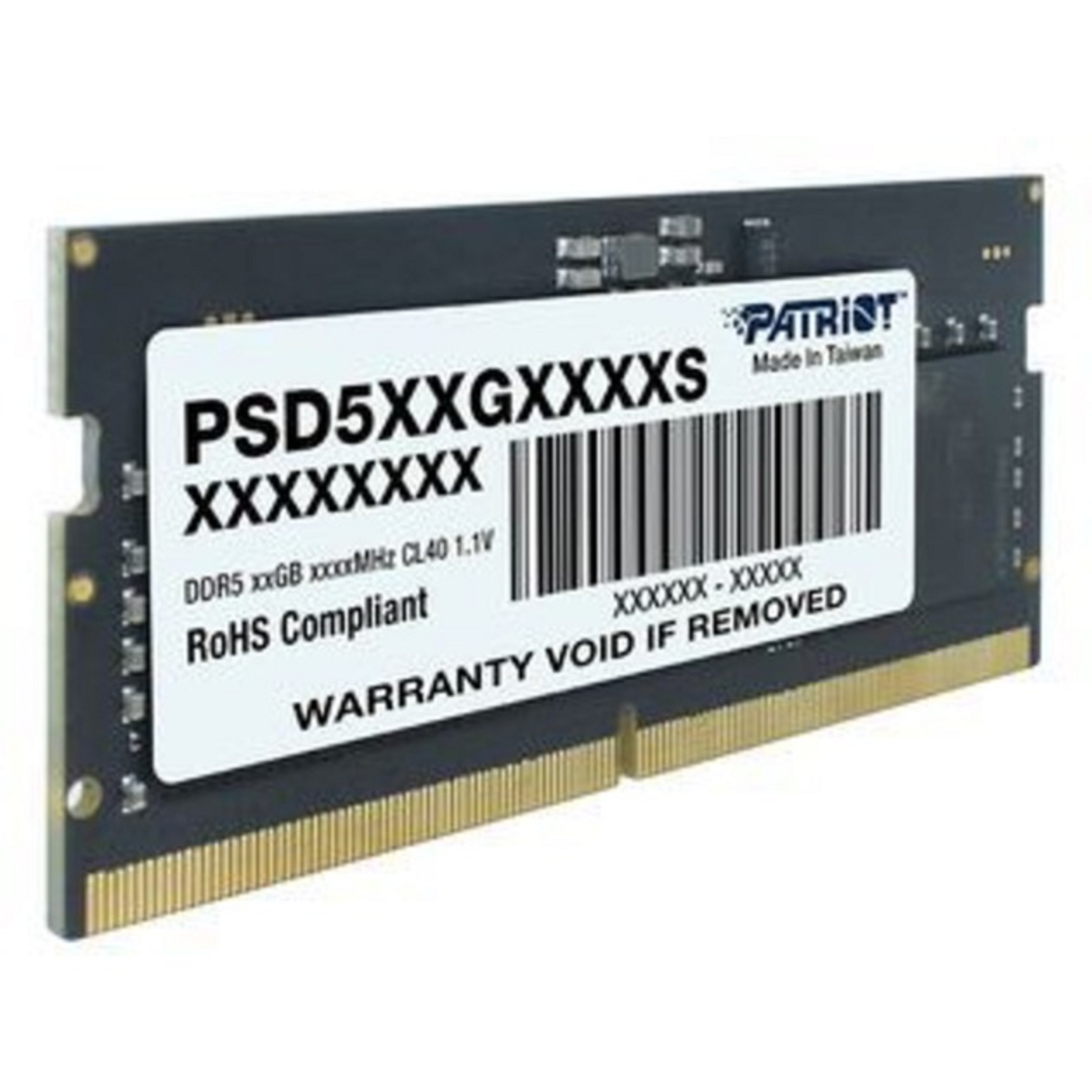 Ein einzelnes DDR5 RAM-Modul mit Patriot-Branding und einem Barcode.