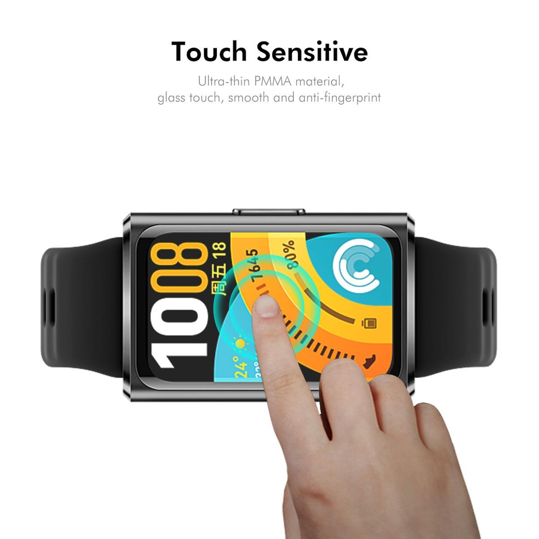 Eine Hand berührt den Bildschirm einer Smartwatch mit der Anzeige 1008 und Wetterdaten.