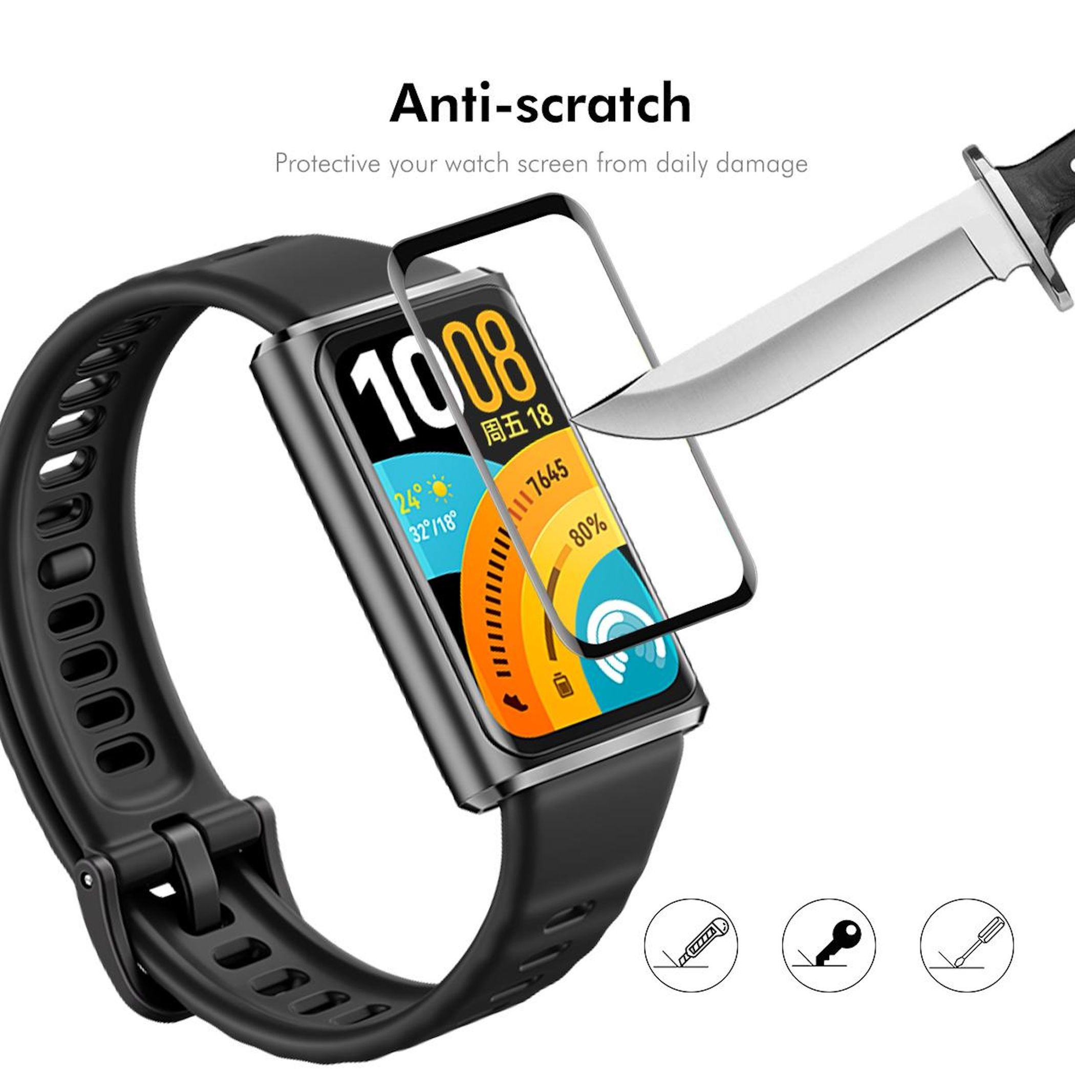 Ein schwarzes Smartwatch-Display wird von einem Messer zerkratzt.