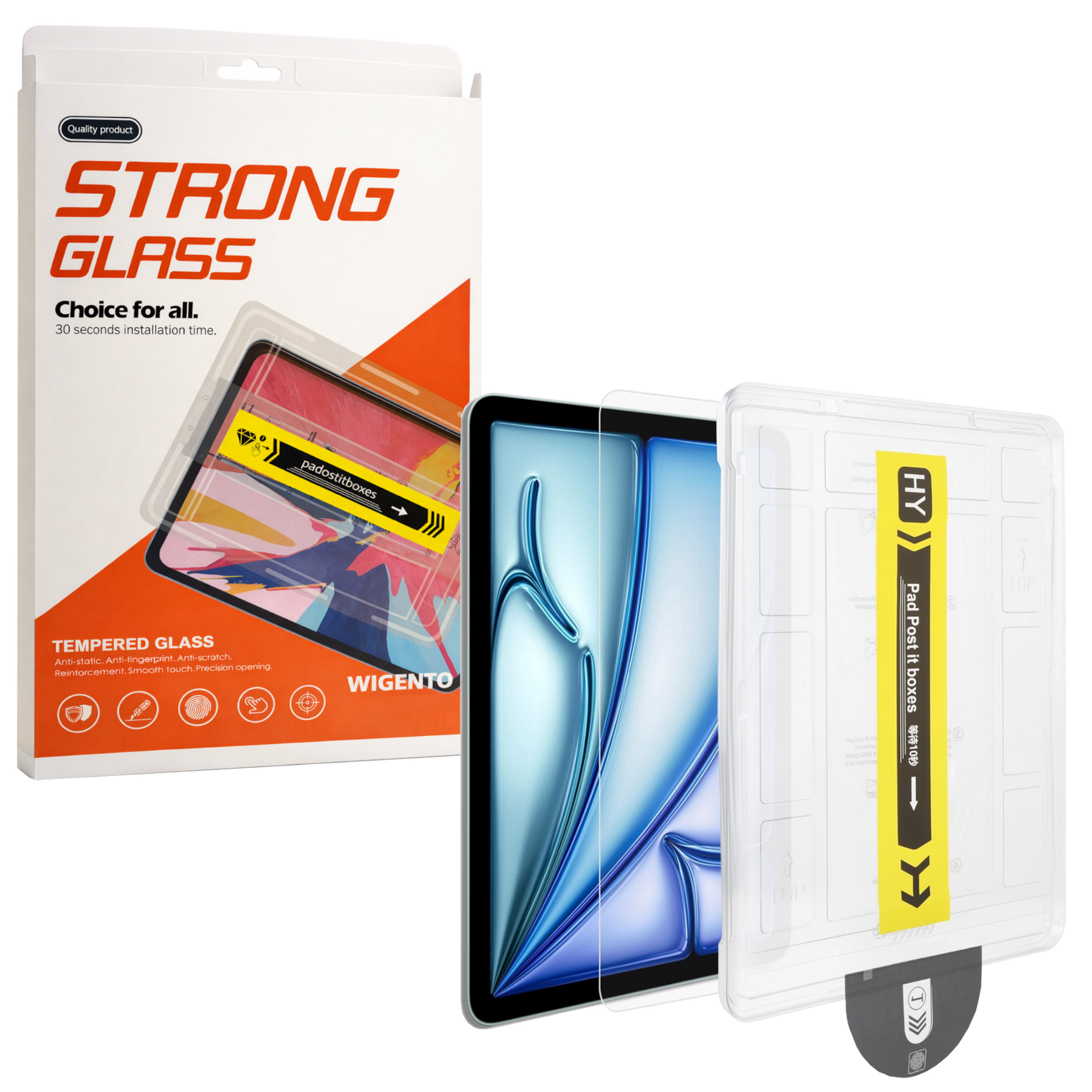 Verpackung für "Strong Glass" Displayschutzfolie mit Tablet und Zubehör.