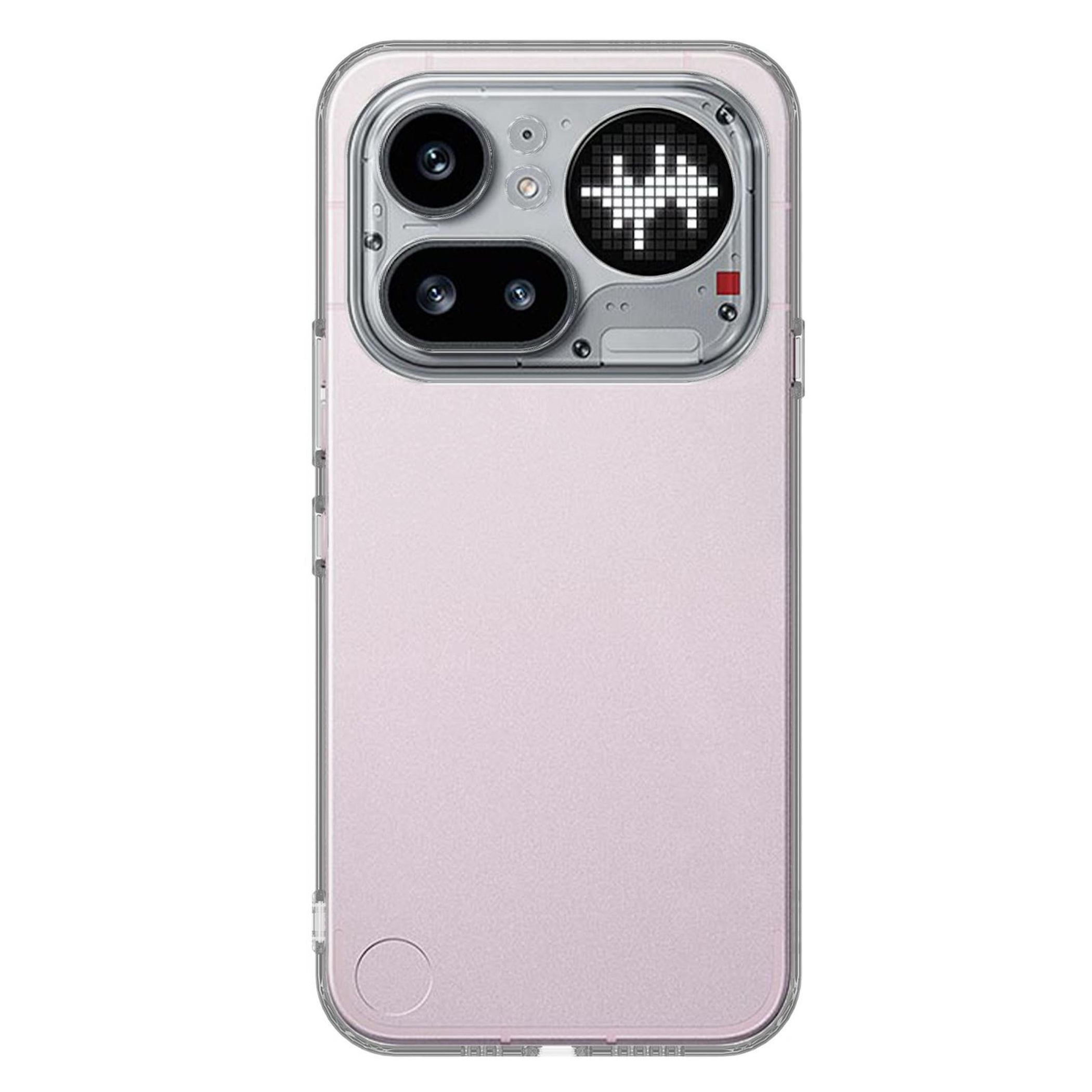 Ein transparentes rosa Handy mit einer Kameraeinheit auf der Rückseite.
