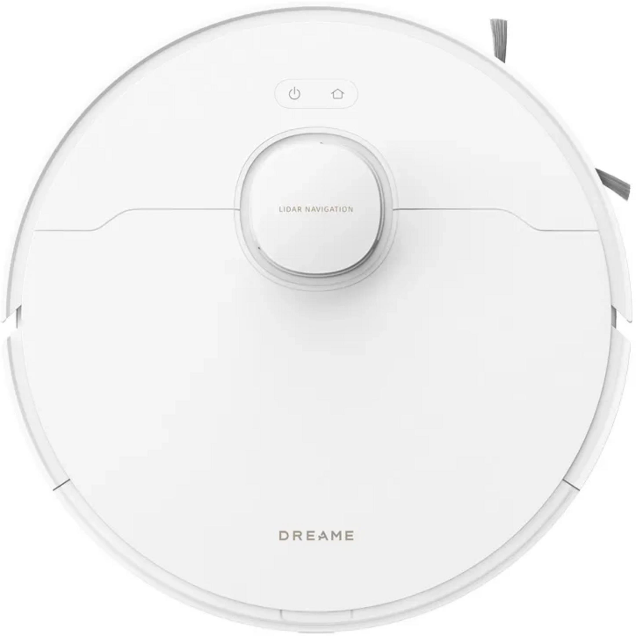 Un robot aspirador blanco con navegación LiDAR y un logo "DREAME".