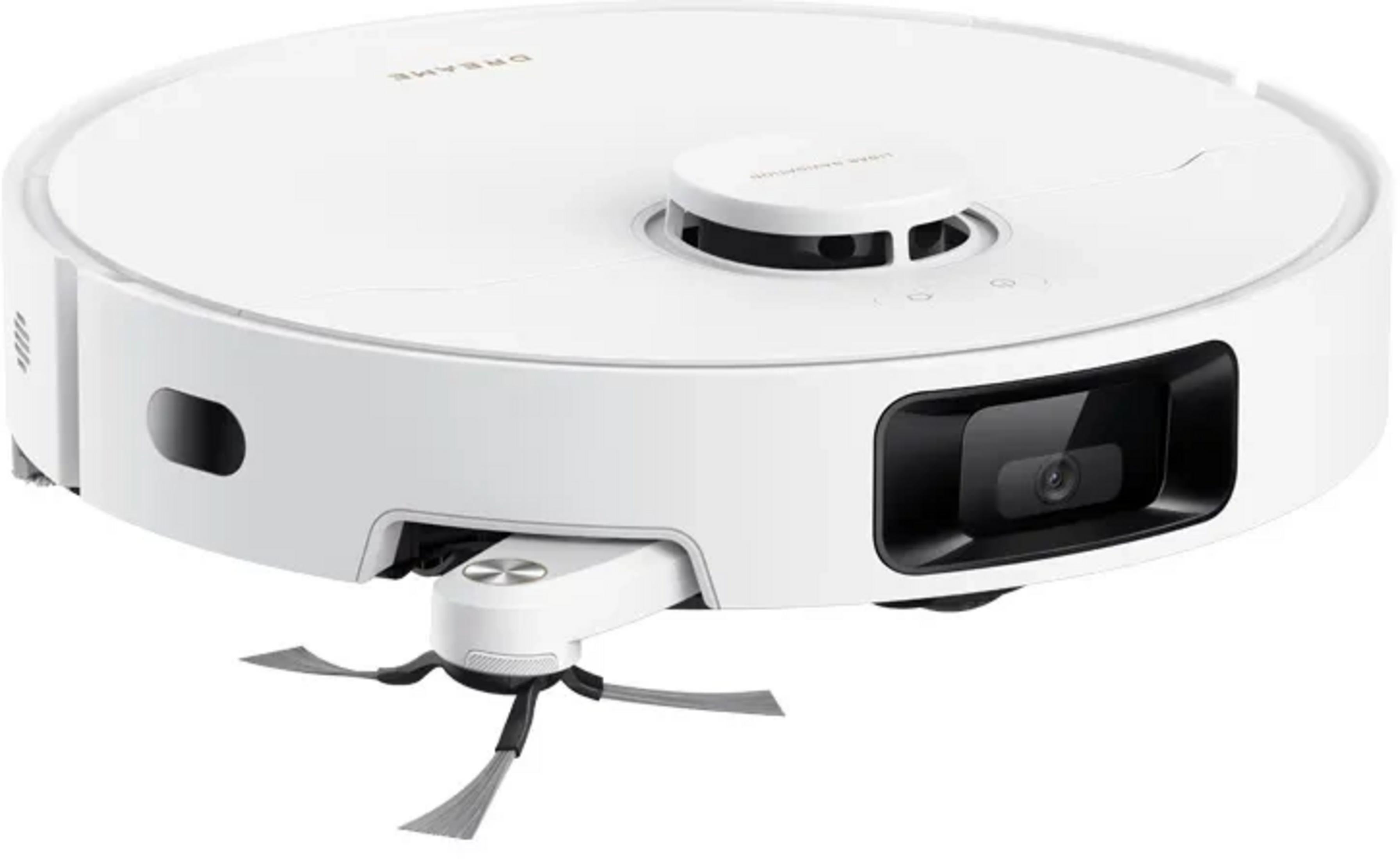Un robot aspirador blanco con cámara y cepillos giratorios.
