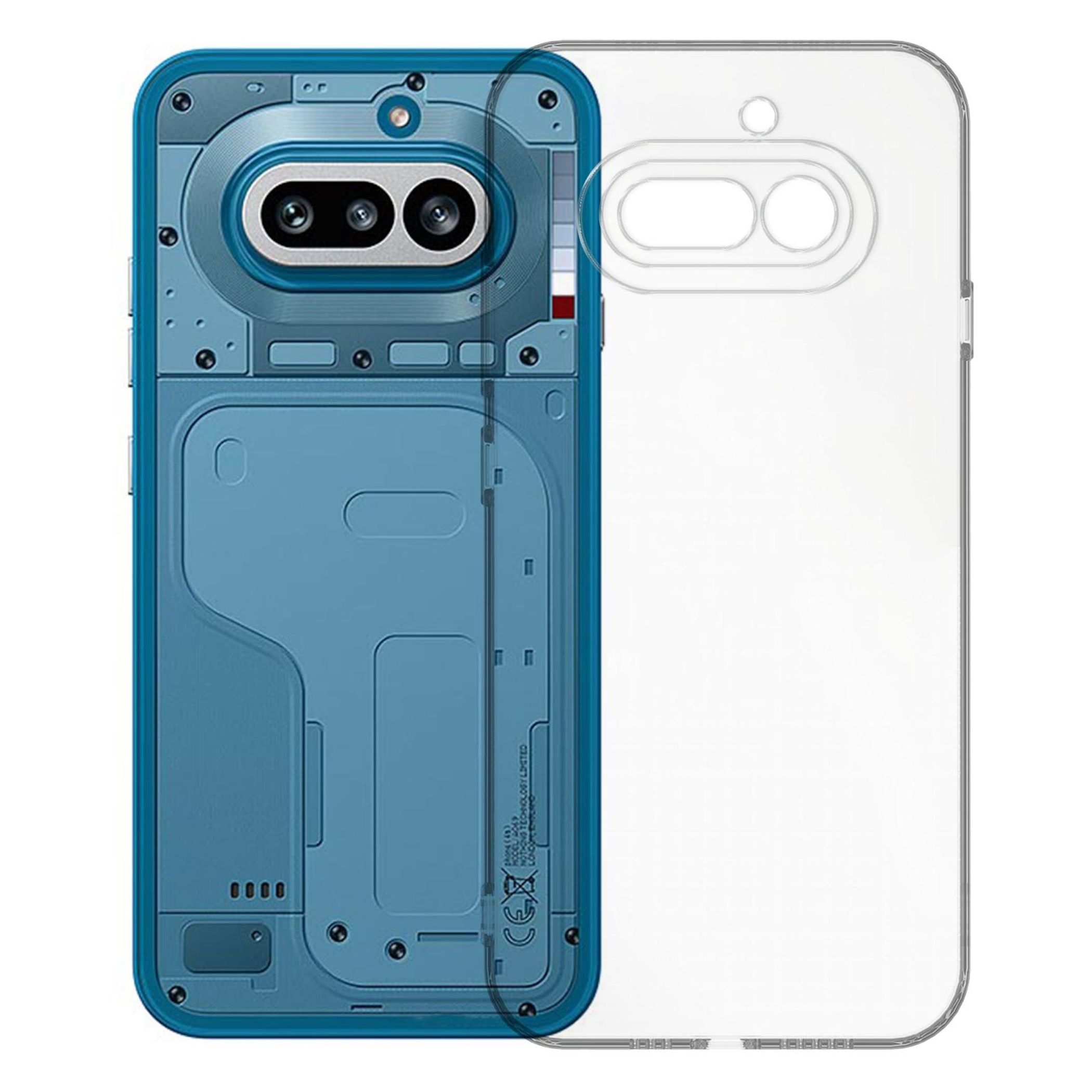 Eine transparente Handyhülle über einem blauen Handy mit sichtbarer Rückseite und Kameras.