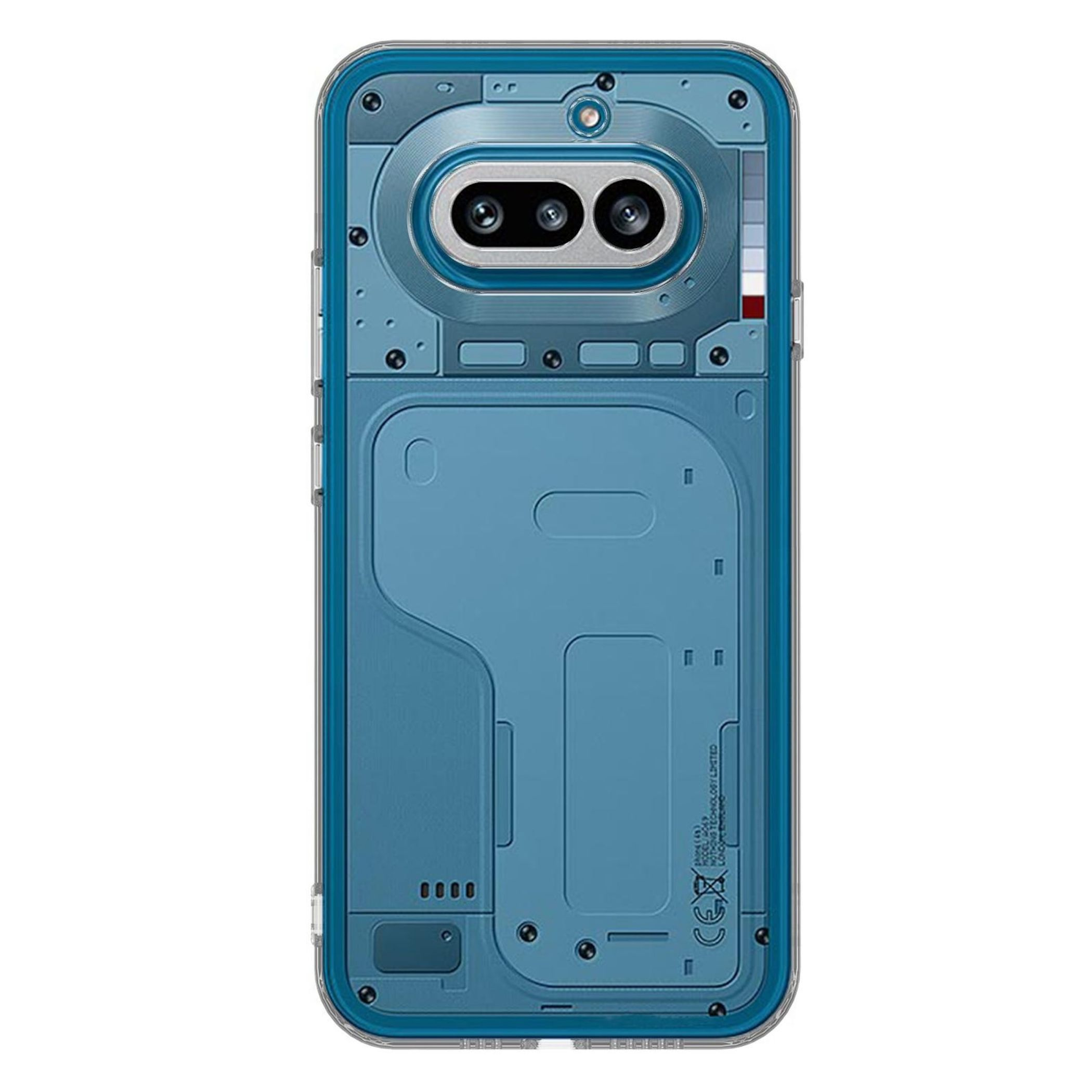 Rückseite eines transparenten blauen Handys mit sichtbaren internen Komponenten und Kamera.