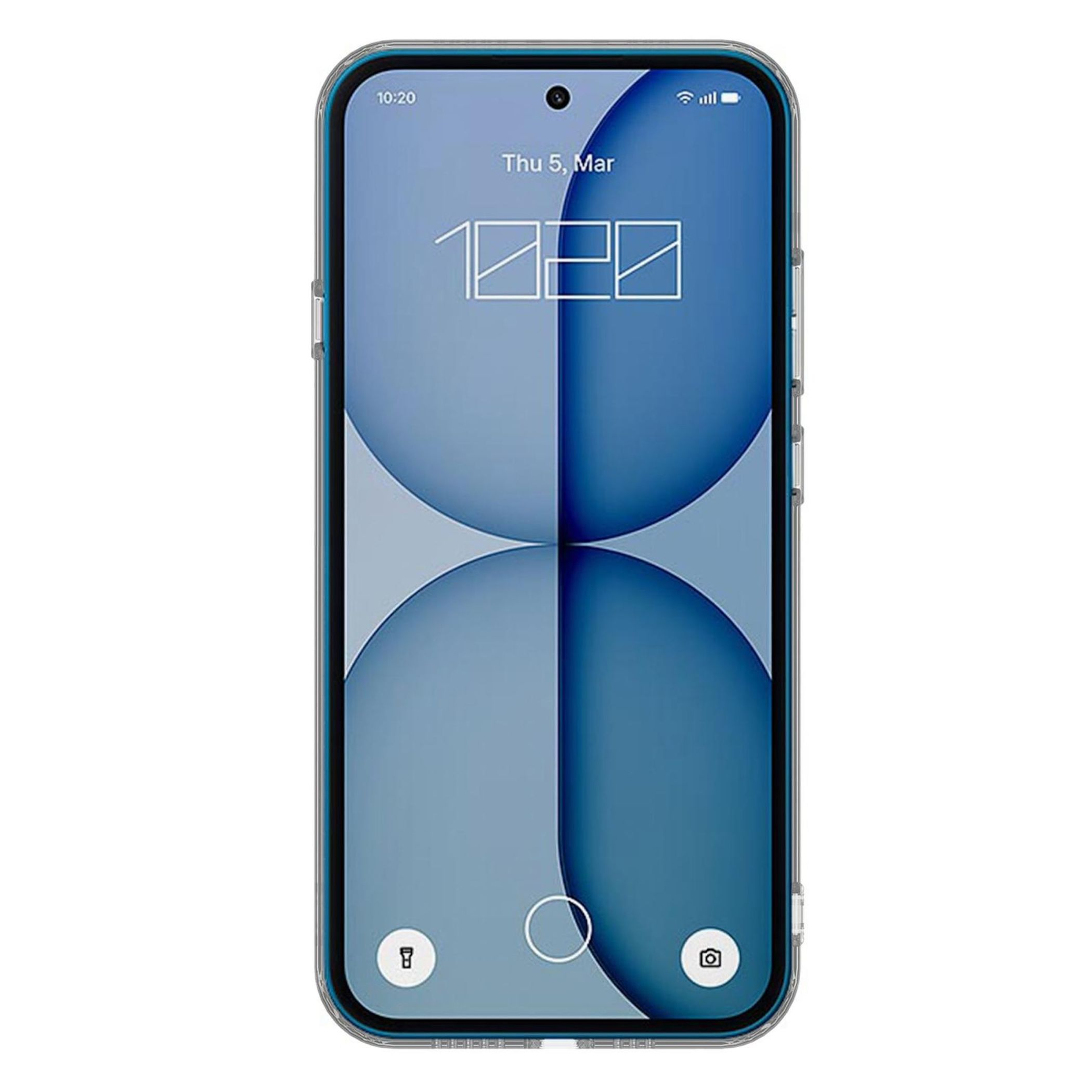 Ein Smartphone mit blauem Hintergrund, zeigt die Uhrzeit 10:20 und Datum.