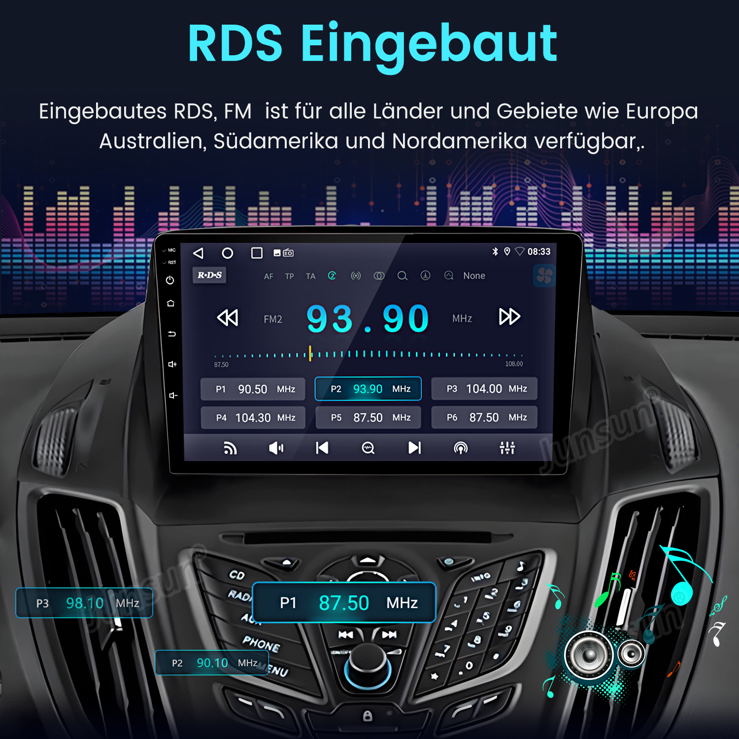 Ein Autoradio mit RDS und FM-Funktion, zeigt 93.90 MHz an.