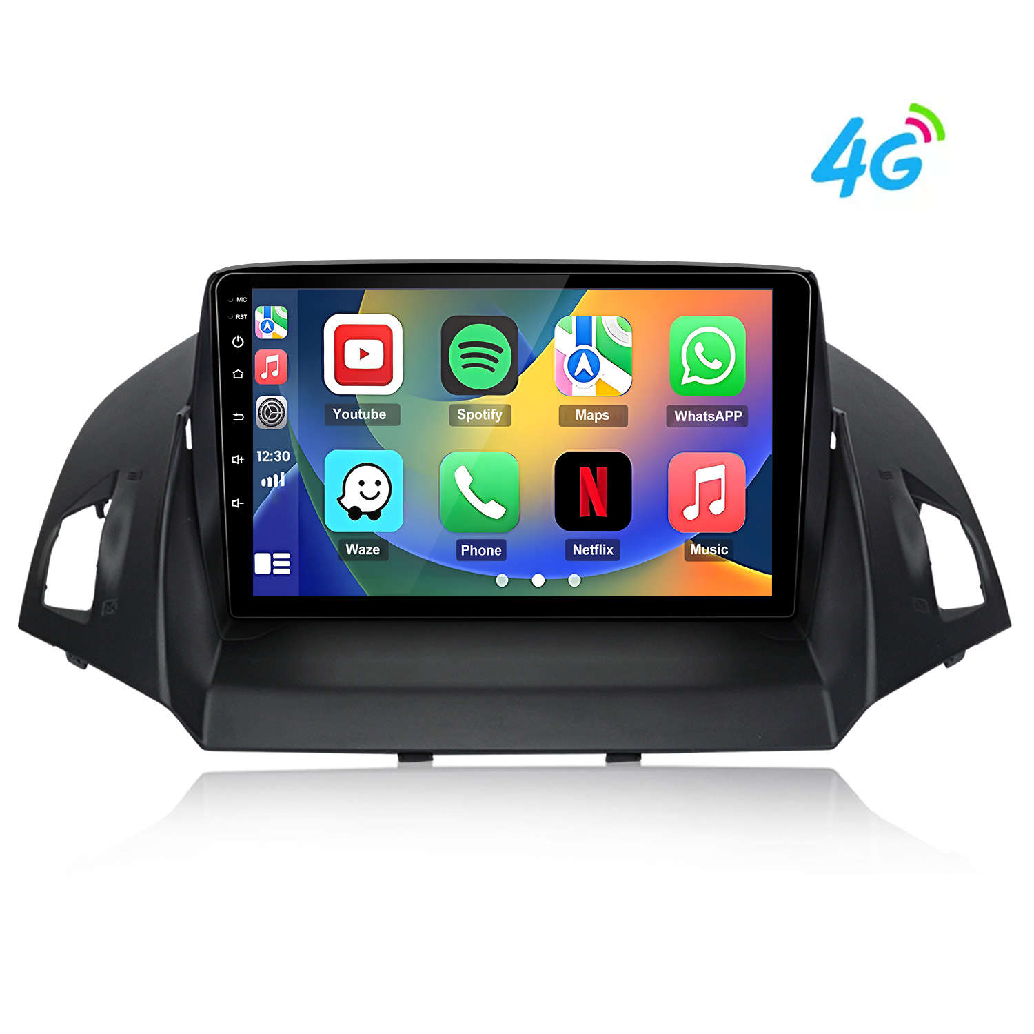 Ein schwarzes Autoradio-Display mit vielen App-Symbolen und 4G-Logo.
