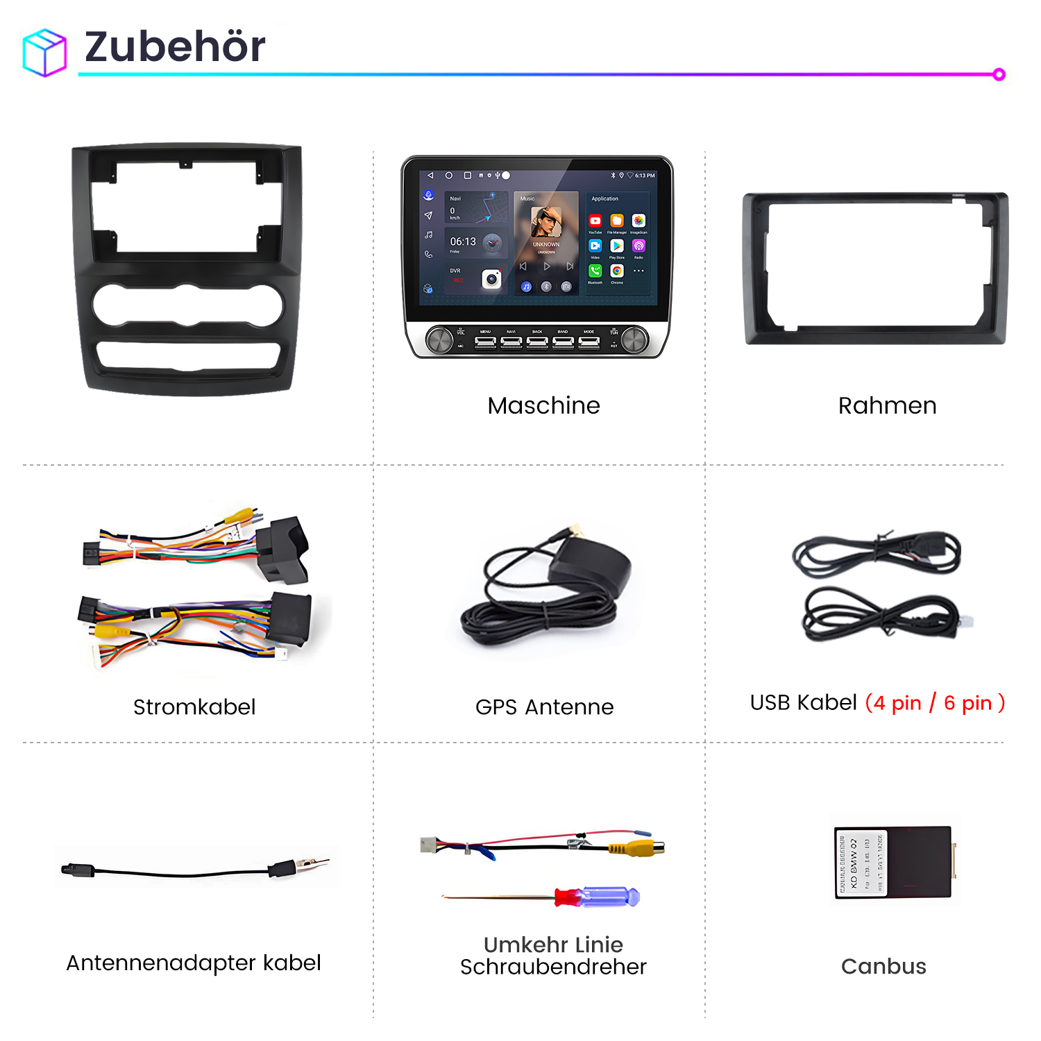 Neun Zubehörteile für Autoradios: Rahmen, Maschine, Kabel, Antenne, Canbus.