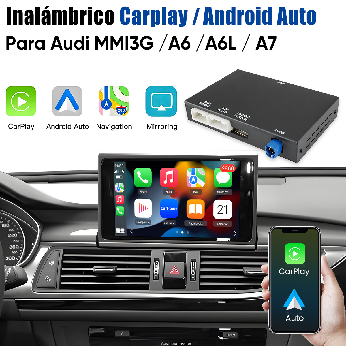 Kit de mejora Audi MMI 3G muestra CarPlay, Android Auto y Mirroring en pantalla de coche.