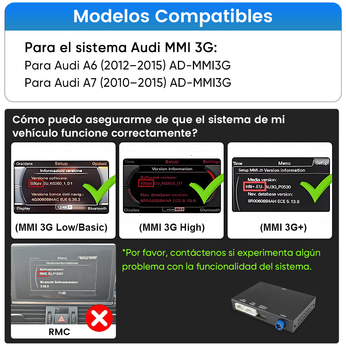 Sistemas Audi MMI 3G compatibles con versiones de software y marcas de verificación.