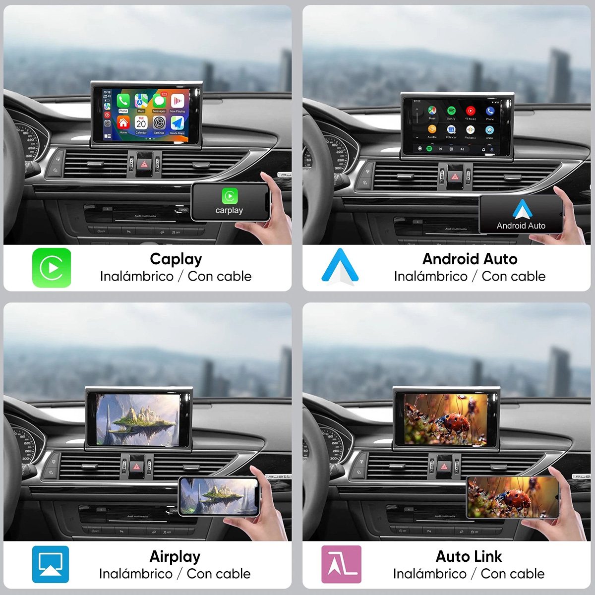 Cuatro sistemas de infoentretenimiento para coche: CarPlay, Android Auto, Airplay, Auto Link.