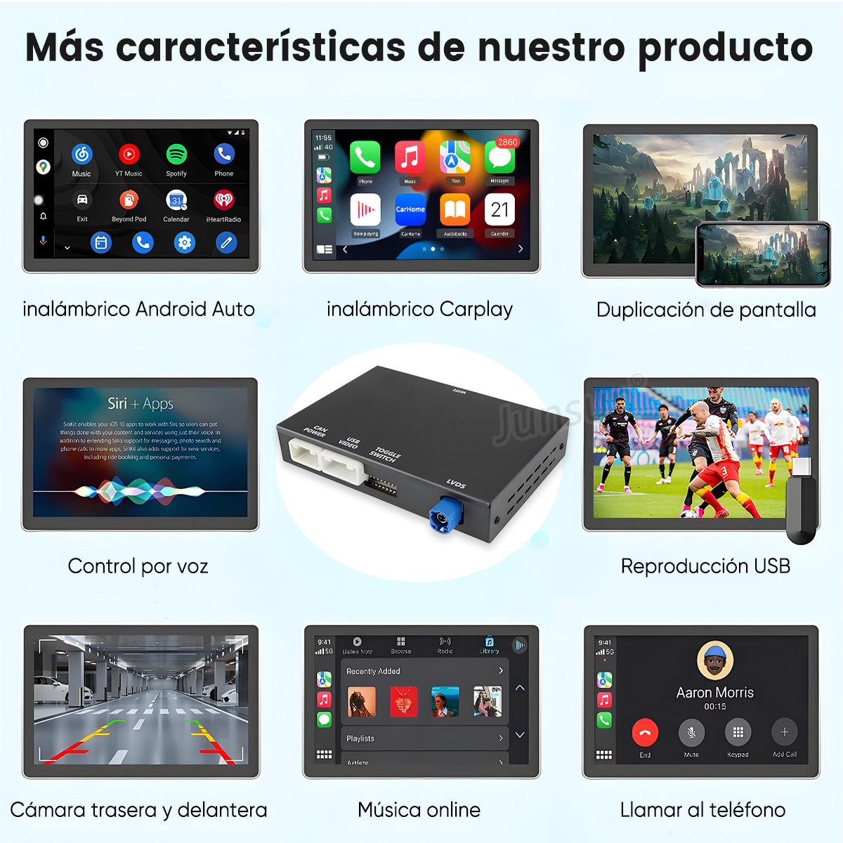Características del producto: Android Auto, CarPlay, duplicación de pantalla, control por voz, reproducción USB, cámaras, música, teléfono.