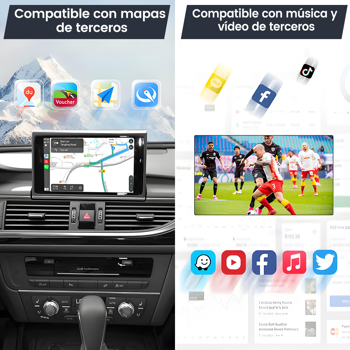 Un sistema de infoentretenimiento de coche mostrando mapa y iconos de redes sociales.
