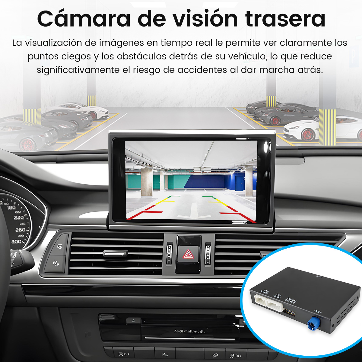 Interior de coche con pantalla de cámara trasera de garaje.
