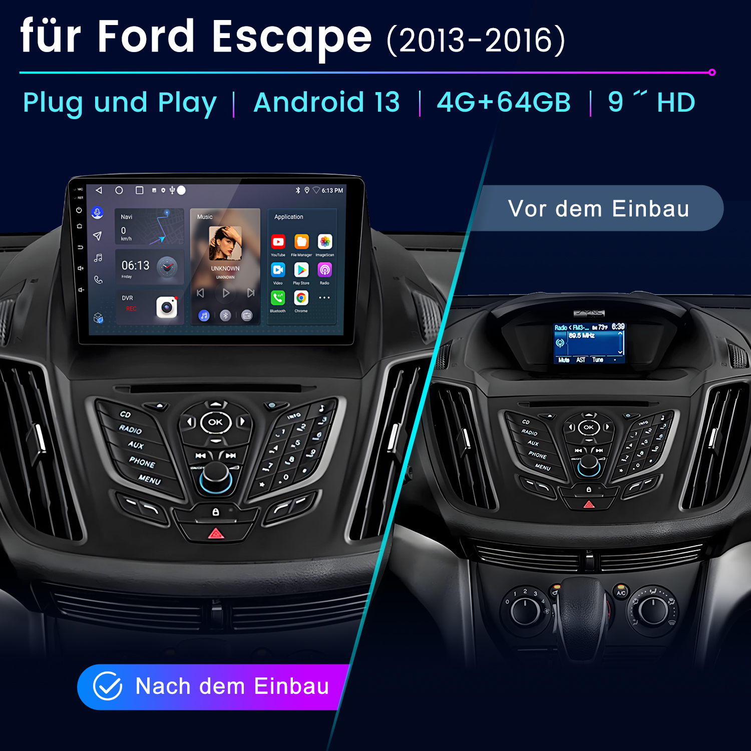 Vergleich zweier Ford Escape-Armaturenbretter: links mit neuem Infotainment, rechts mit Originalradio.