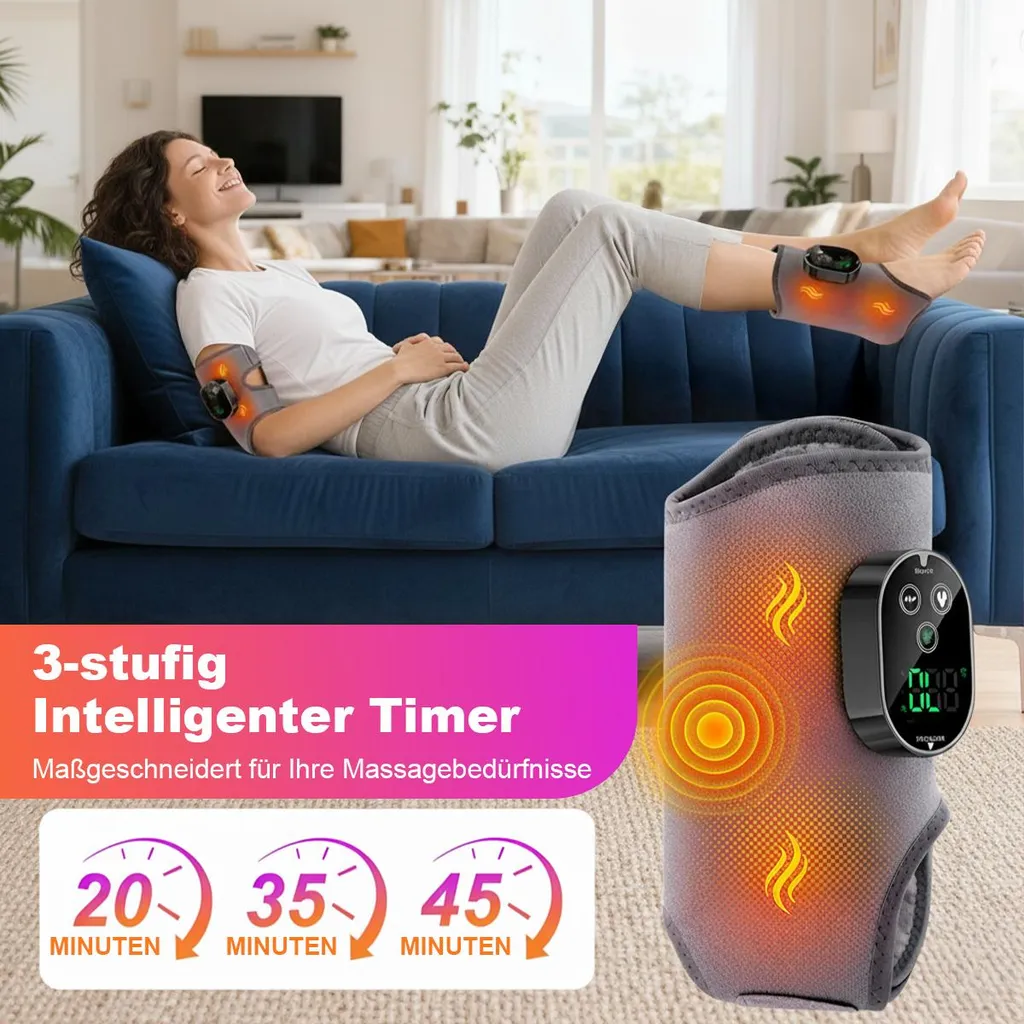 Frau entspannt auf Sofa, trägt Knie-Massagegerät. Timer-Optionen angezeigt.