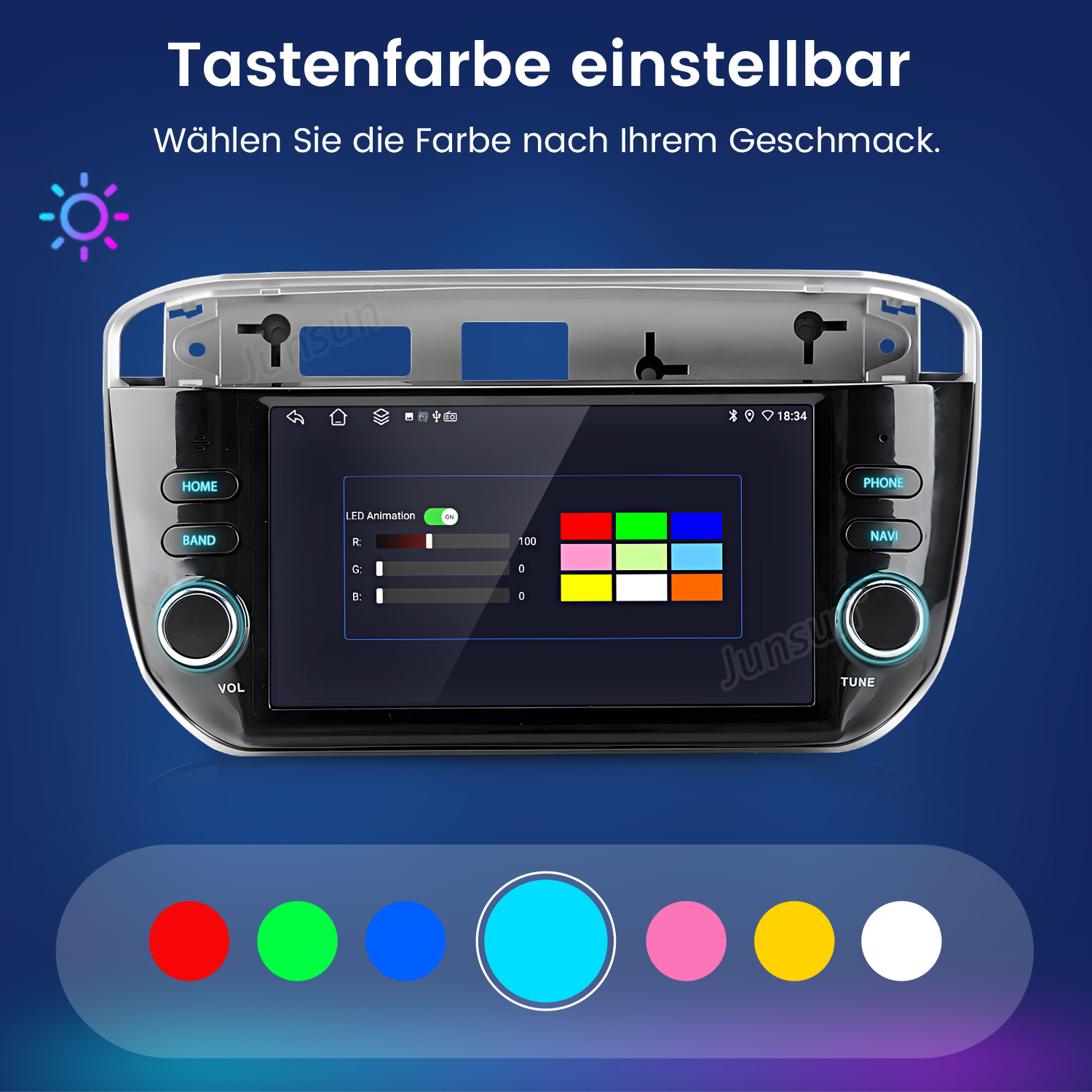 Ein Autoradio-Display zeigt Farboptionen für Tastenbeleuchtung mit RGB-Schiebereglern.