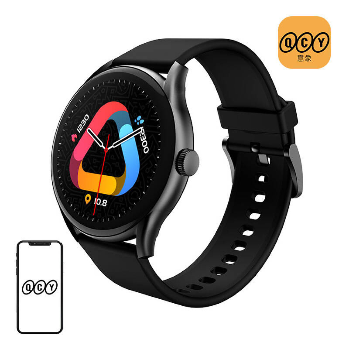 Smartwatch nero con quadrante colorato e uno smartphone accanto.