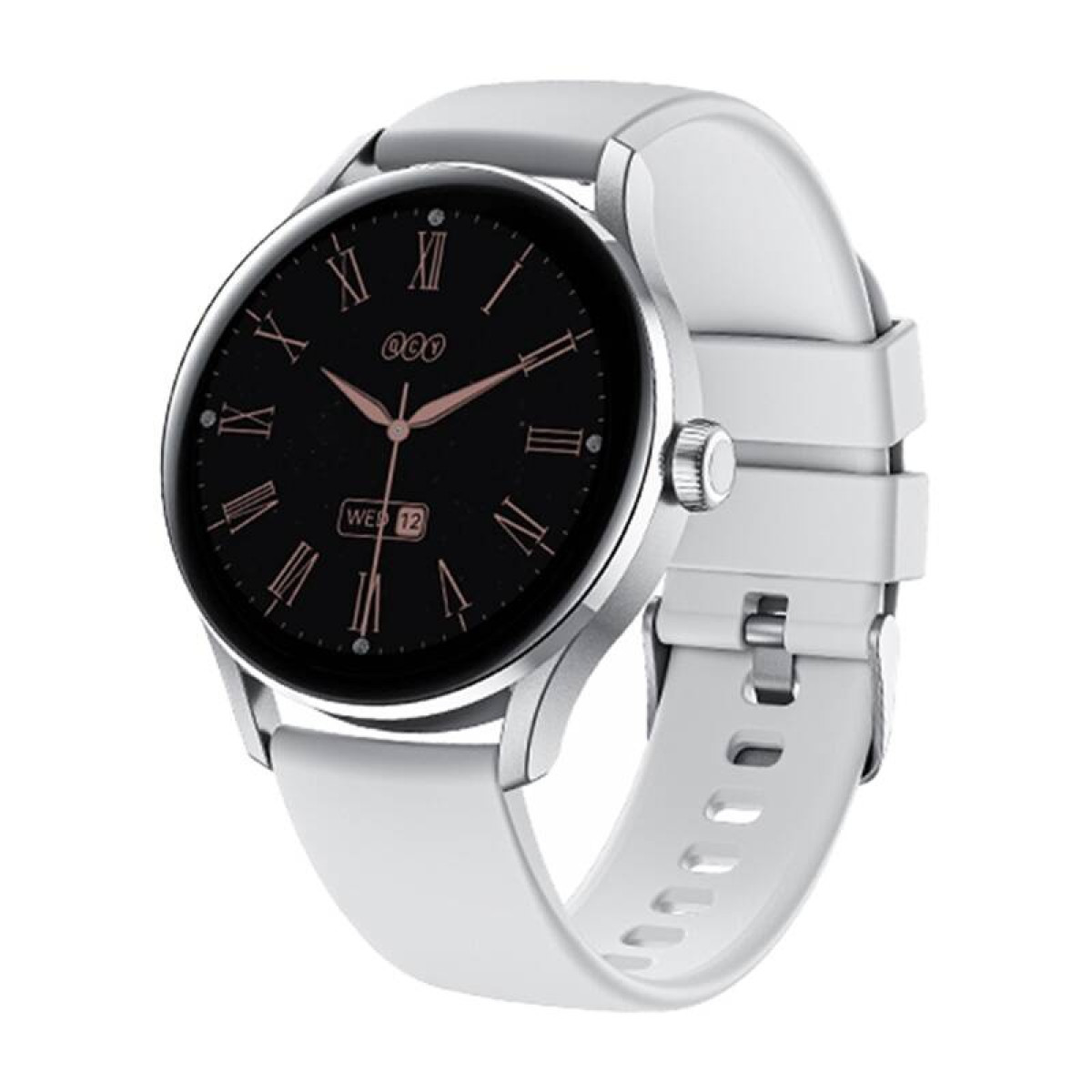 Uno smartwatch argentato con cinturino bianco e quadrante nero con numeri romani.