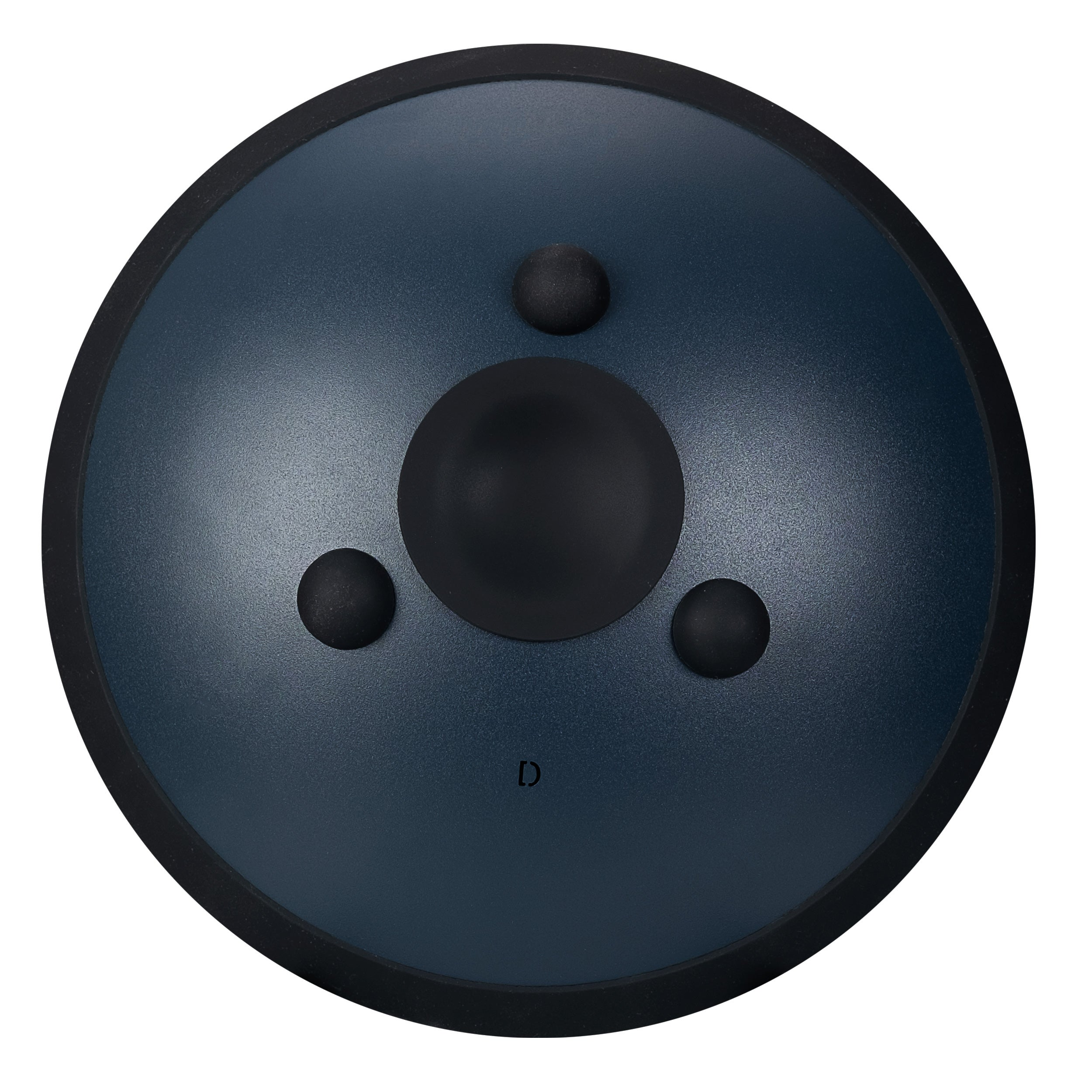 Üç siyah top ve "D" sembollü koyu mavi handpan.