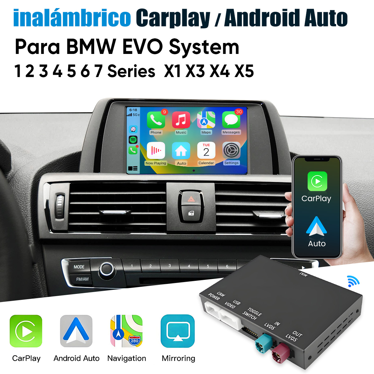 Sistema BMW EVO con Carplay/Android Auto, smartphone y unidad de control.