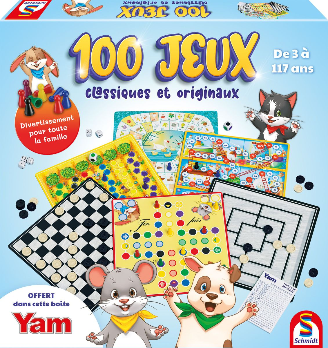 Doos "100 Spellen" bordspel met konijn, muis en hond.