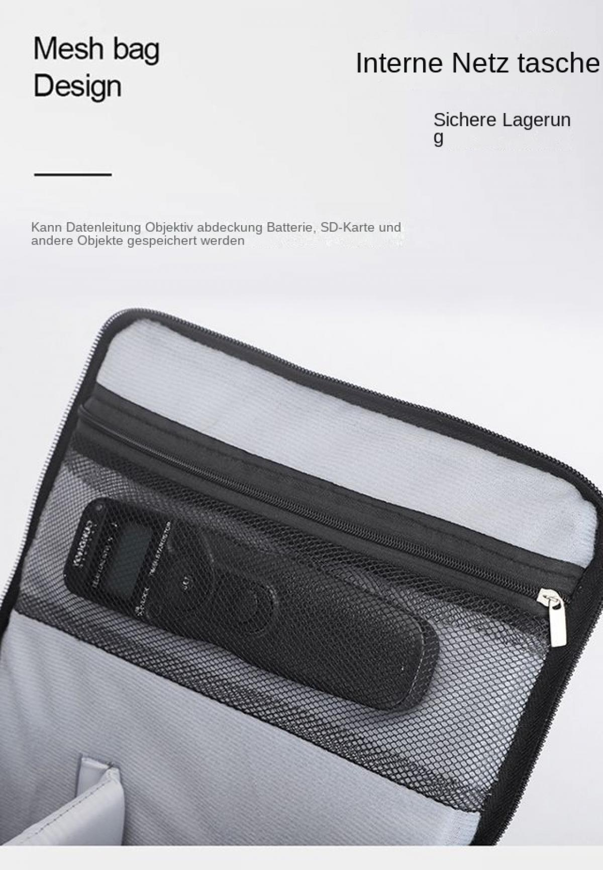 Ein schwarzes elektronisches Gerät liegt in einer Netztasche einer Tasche.