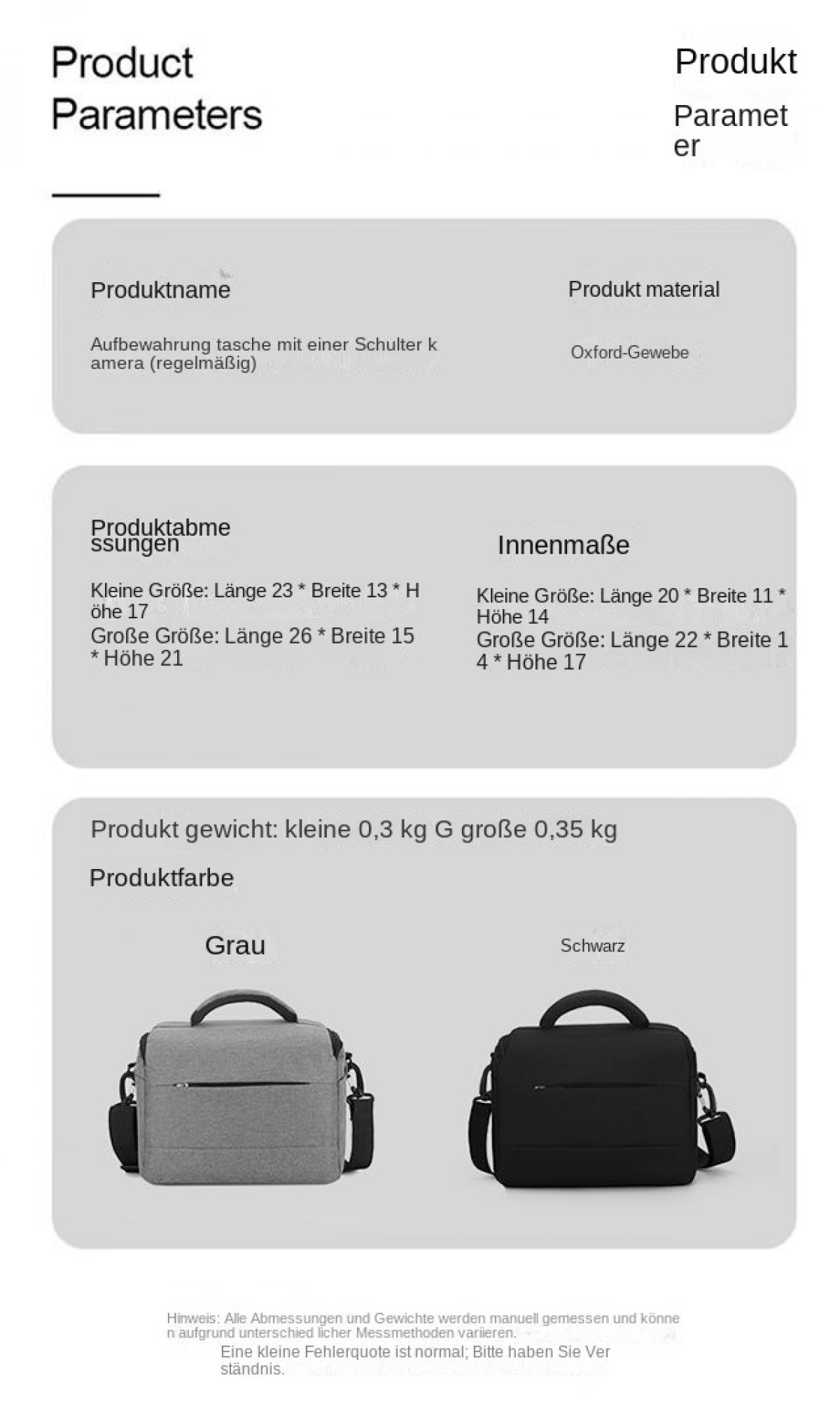 Produktparameter: Grau und schwarze Kameratasche mit Maßen und Gewicht.