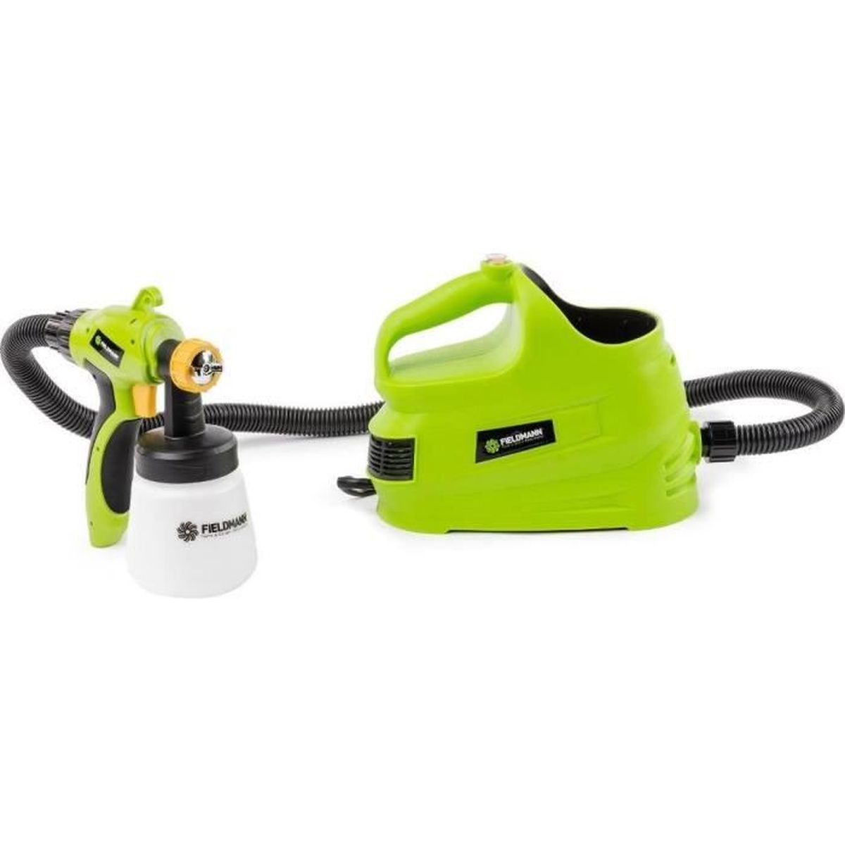 Pistola a spruzzo verde con contenitore bianco e tubo nero su sfondo bianco.