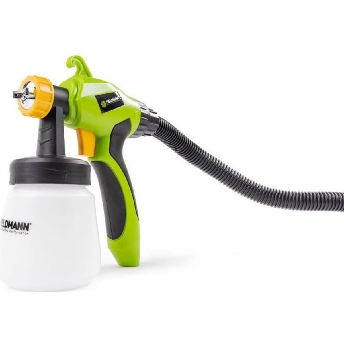 Pistola a spruzzo verde con serbatoio bianco e tubo nero su sfondo bianco.